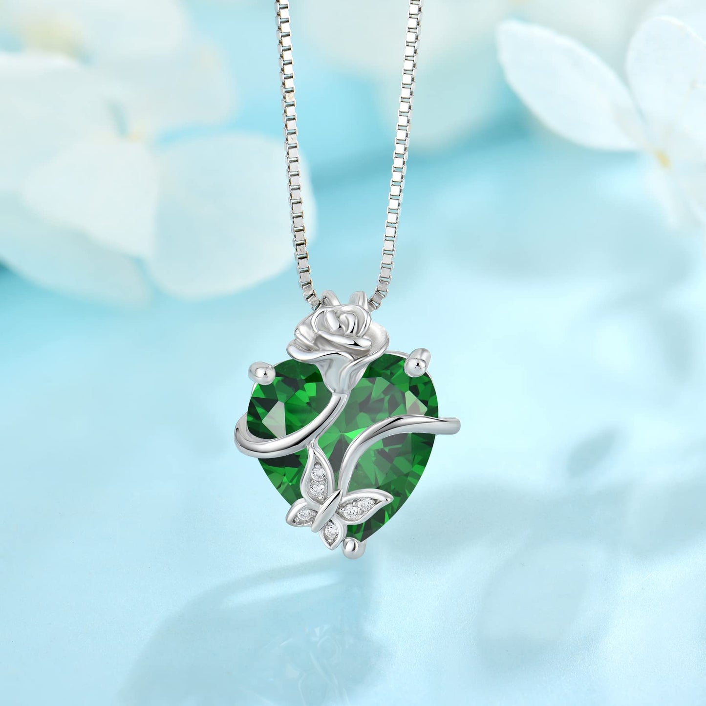 FJ Herz Geburtsstein Kette Damen 925 Sterling Silber Schmetterling Kette Anhänger mit Rose Blume Schmuck Geschenke für Frauen Mutter Freundin Mama