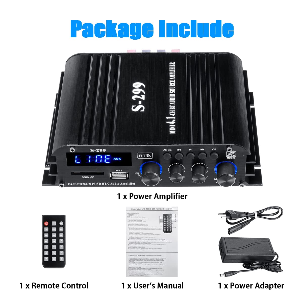 Etlephe Mini Verstärker,HIFI Verstärker,Bluetooth 5.0-Stereo Audio,12 V 220 V 600 W, 2 Kanäle, LCD-Display, High Fidelity, tragbares UKW-Radio, SD/USB-Karteneingang, für Zuhause oder Auto