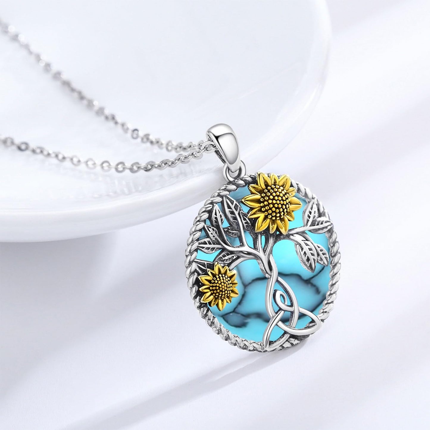 Ederseensucht-Sonnenblumen-Halskette, 925er Sterlingsilber, Gänseblümchen/Rose/Mondstein, Sonnenblumen-Baum des Lebens-Anhänger-Halskette, Sonnenblumen-Schmuck, Geschenke für Frauen, Mädchen, Mütter