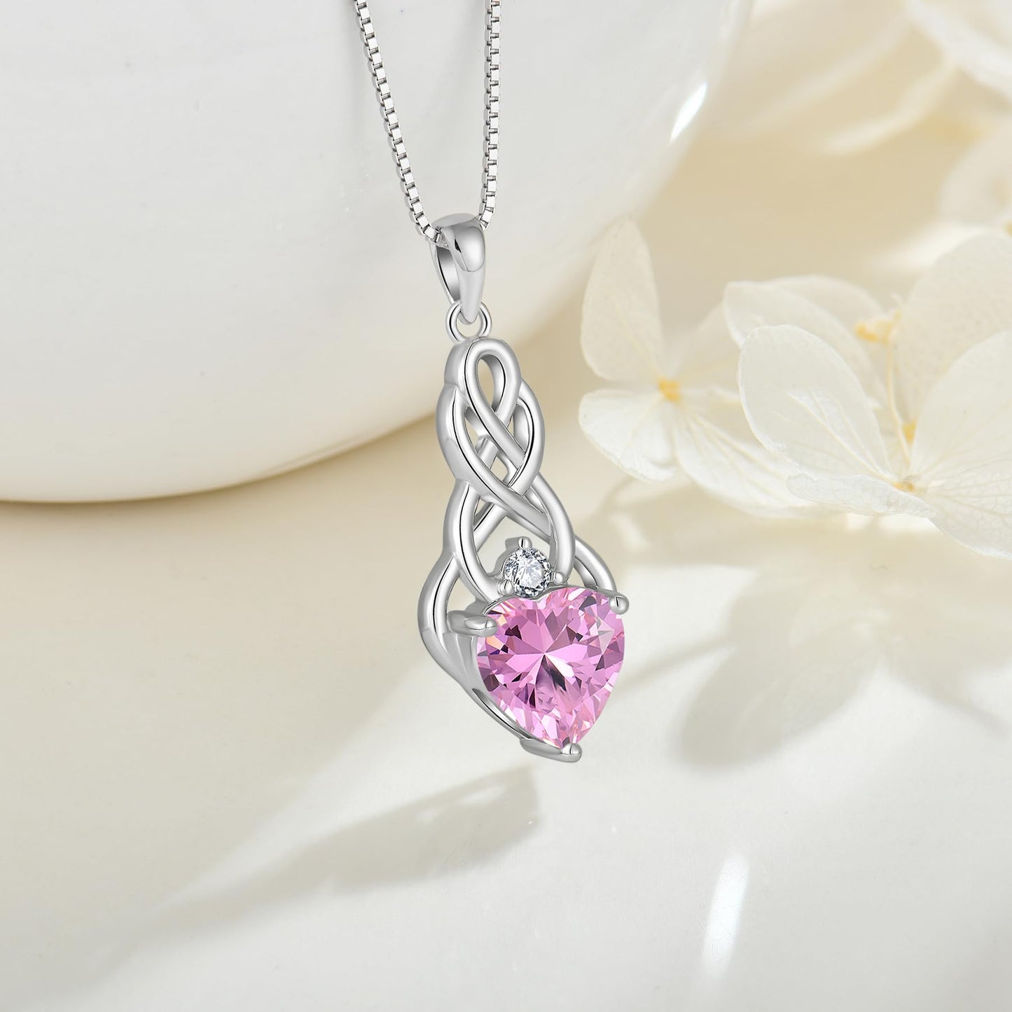 FJ Unendlichkeit Keltischer Knoten Kette Damen 925 Sterling Silber Geburtsstein Anhänger Irischer Glücksschmuck Geschenke für Frauen Mutter Freundin Mama