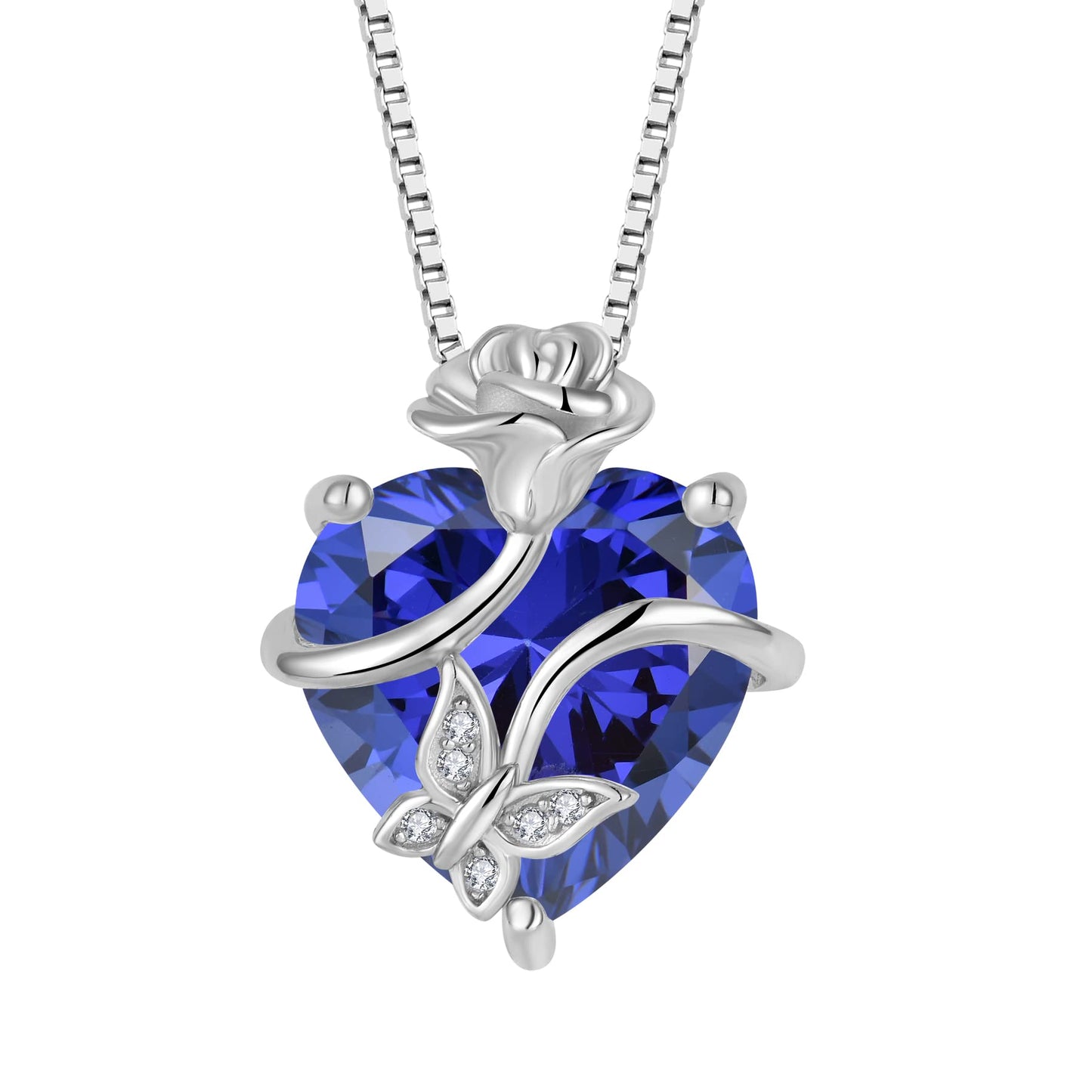 FJ Herz Geburtsstein Kette Damen 925 Sterling Silber Schmetterling Kette Anhänger mit Rose Blume Schmuck Geschenke für Frauen Mutter Freundin Mama