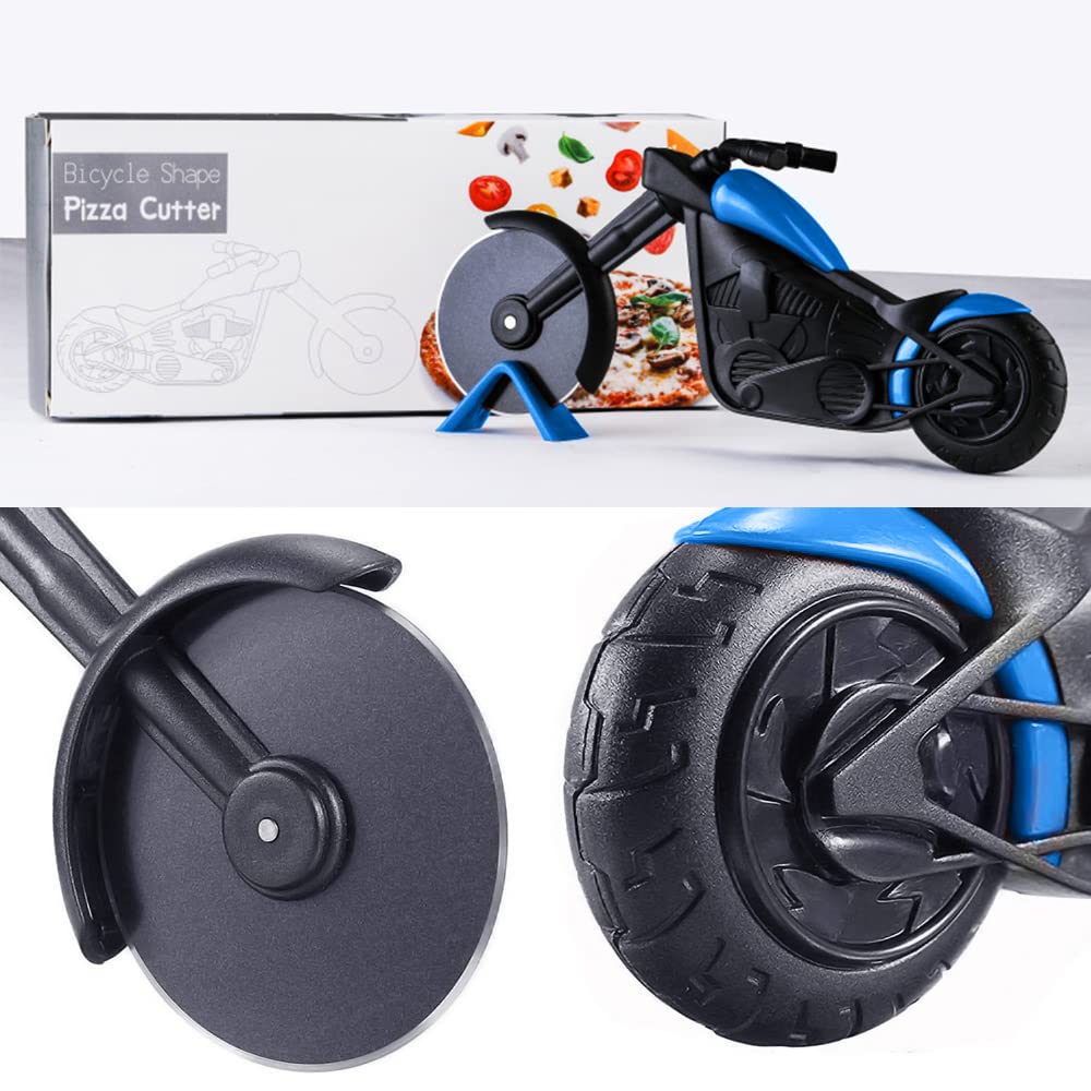 ELB Biker Motorrad Pizzaschneider, Lustige Pizza Schneider Edelstahl Kunststoff Pizzaroller Pizzarad Pizzamesser, Pizza Cutter mit Scharfem Schneiderad & Ständer für Weihnachten Kreativ Geschenke (Rot)