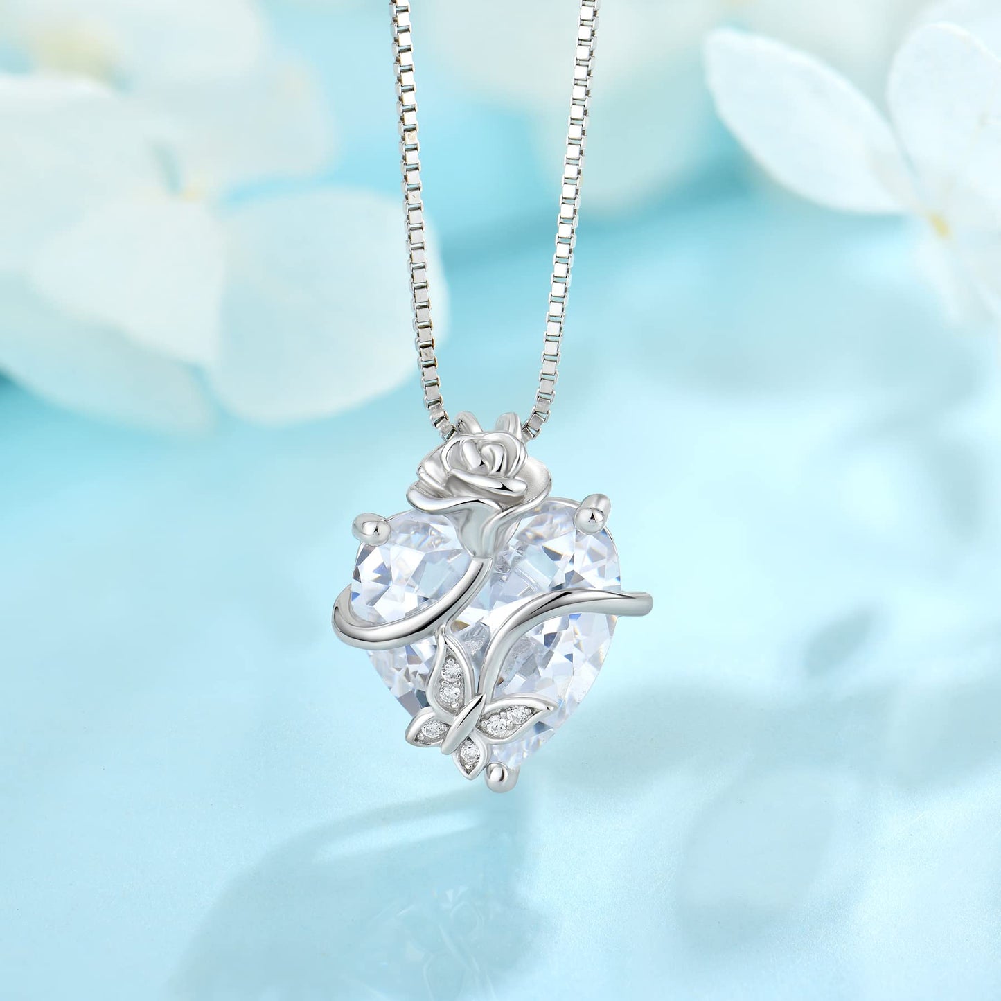 FJ Herz Geburtsstein Kette Damen 925 Sterling Silber Schmetterling Kette Anhänger mit Rose Blume Schmuck Geschenke für Frauen Mutter Freundin Mama