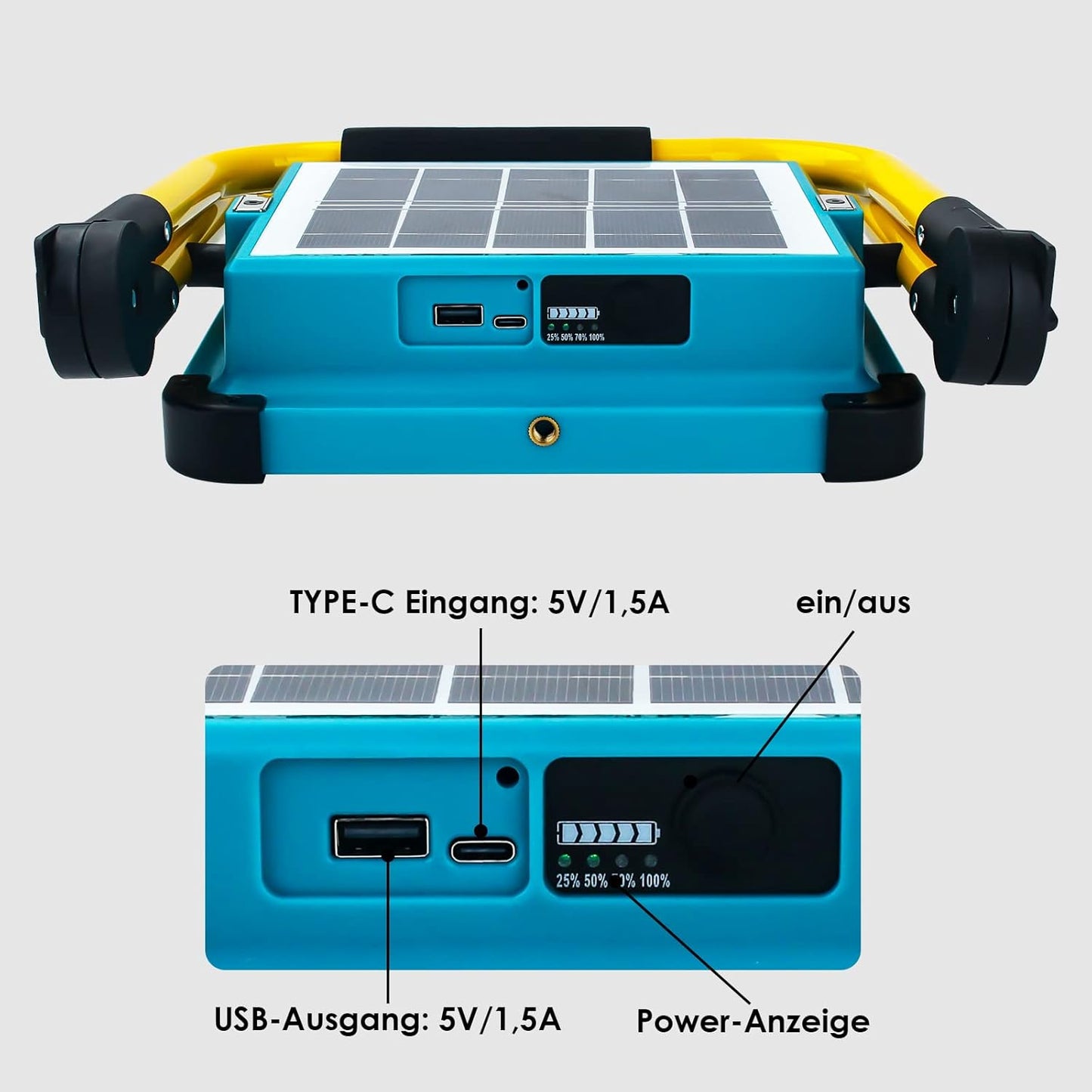 OUSIDE Baustrahler LED Akku mit Stativ, Tragbare LED Strahler Akku mit 10500mAh Batterie,Typ-C und Solarladung, 4 Lichtmodi - Ideal für Reparatur, Baustelle, Notfall