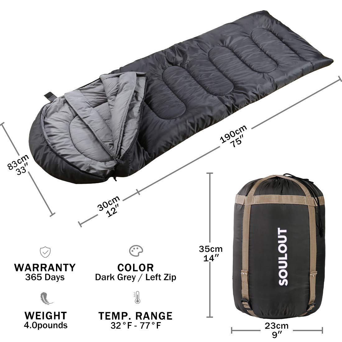 SOULOUT Schlafsack 3-4 Jahreszeiten - Wasserdichter Leichter Deckenschlafsack für Camping, Reisen und Outdoor-Aktivitäten -Ideal für Erwachsene und Kinder - 220 x 83 cm