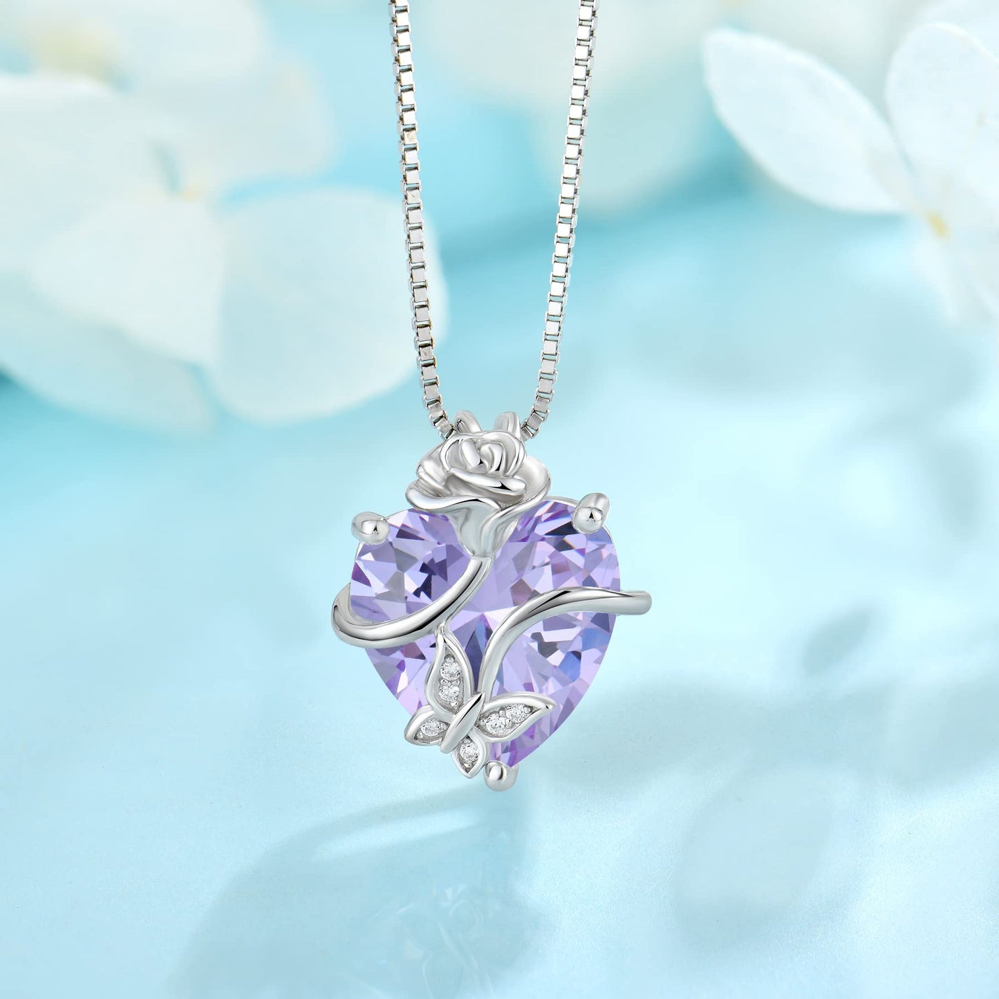 FJ Herz Geburtsstein Kette Damen 925 Sterling Silber Schmetterling Kette Anhänger mit Rose Blume Schmuck Geschenke für Frauen Mutter Freundin Mama