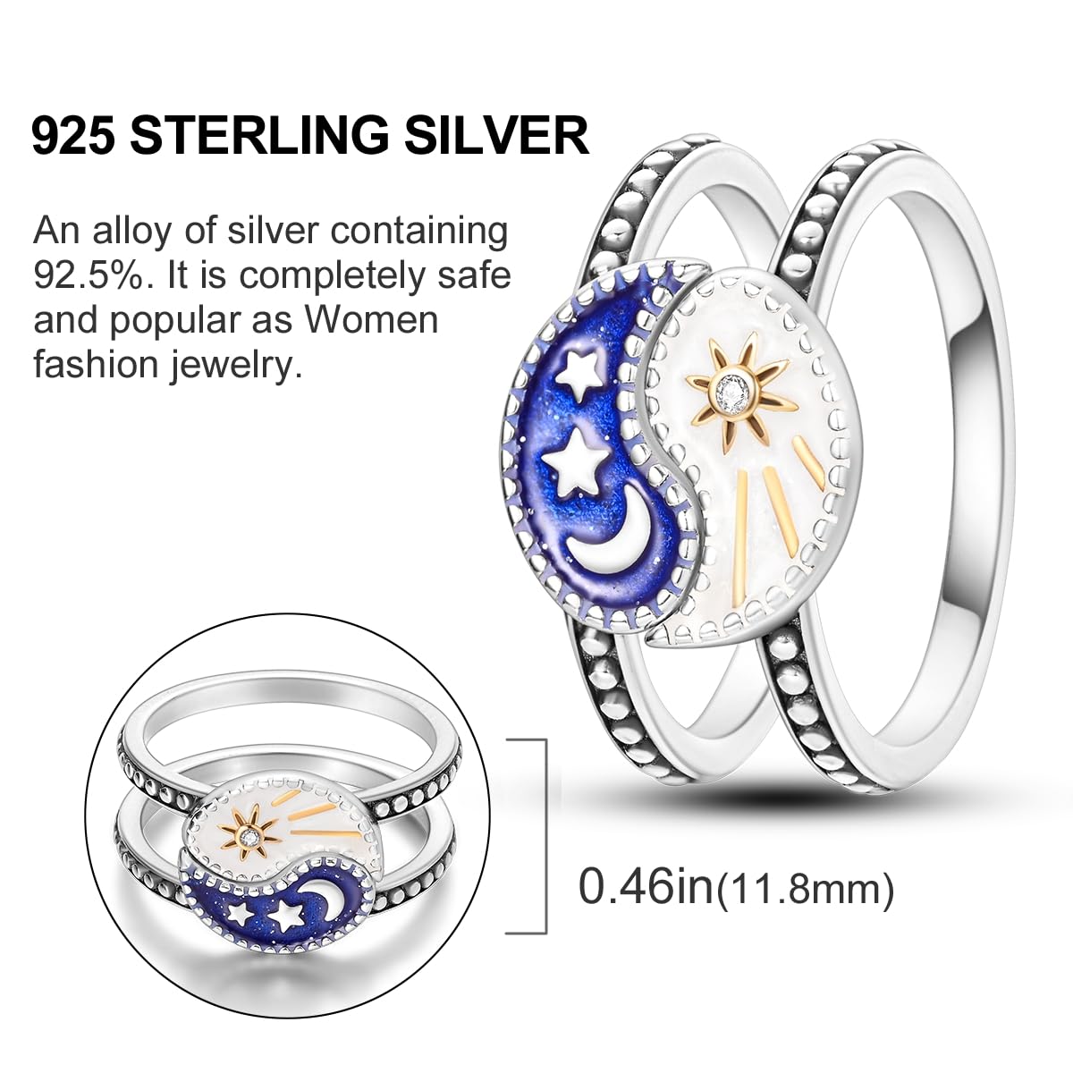 NARMO 925 Sterling Silber Frauen Ringe Mond Stern Ring Evil Eye Ring Bunte Cubic Zirkonia Ring Stapelbare Vintage Ringe Statement Ringe für Frauen Größe 52-60mm