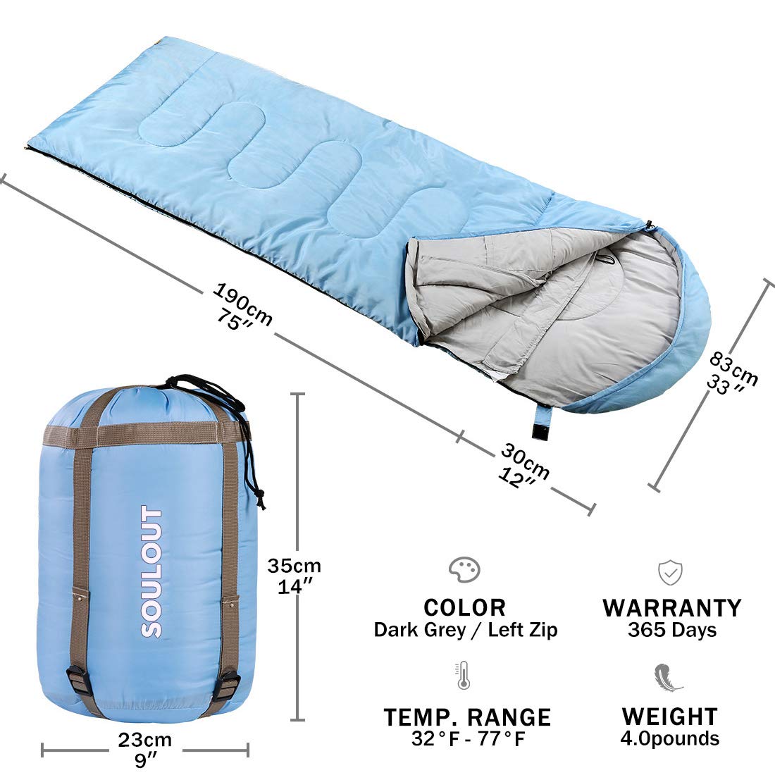 SOULOUT Schlafsack 3-4 Jahreszeiten - Wasserdichter Leichter Deckenschlafsack für Camping, Reisen und Outdoor-Aktivitäten -Ideal für Erwachsene und Kinder - 220 x 83 cm
