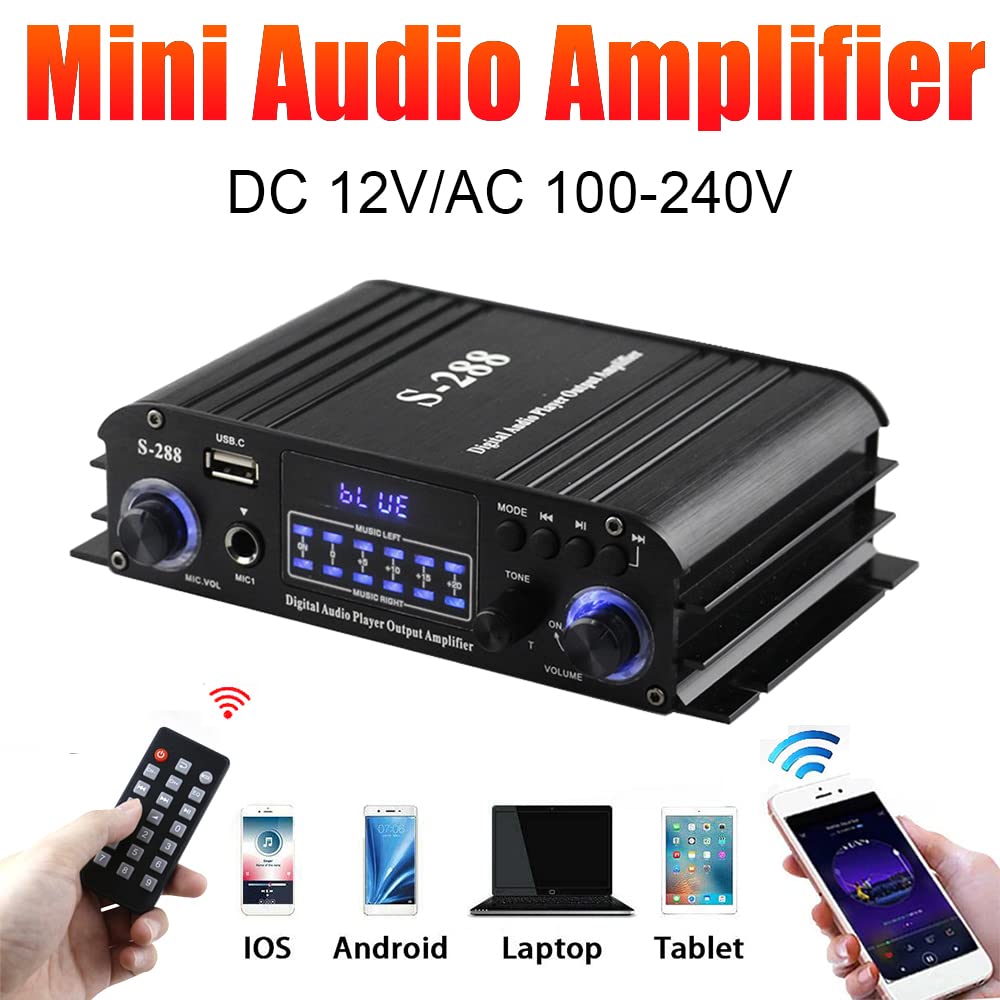 Etlephe Mini Verstärker,HIFI Verstärker,Bluetooth 5.0-Stereo Audio,12 V 220 V 600 W, 2 Kanäle, LCD-Display, High Fidelity, tragbares UKW-Radio, SD/USB-Karteneingang, für Zuhause oder Auto