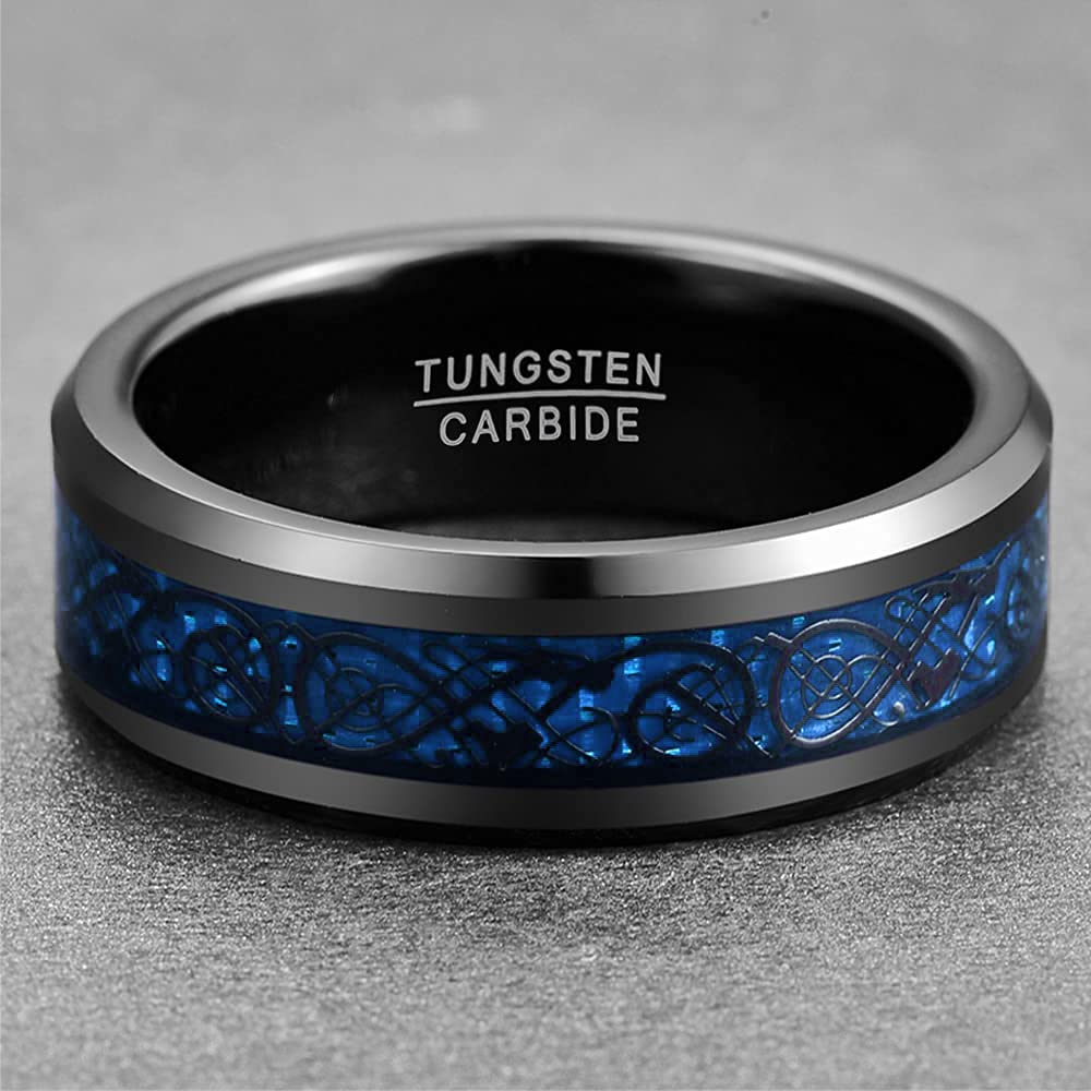 NUNCAD Schwarz Ring Wolfram Partner Ring Herren Damen 8mm Keltische Drachen Ring mit Kohlefasern Blau/Grün/Rot/Rosegold Größe 49.3-72(15.7-22.9)