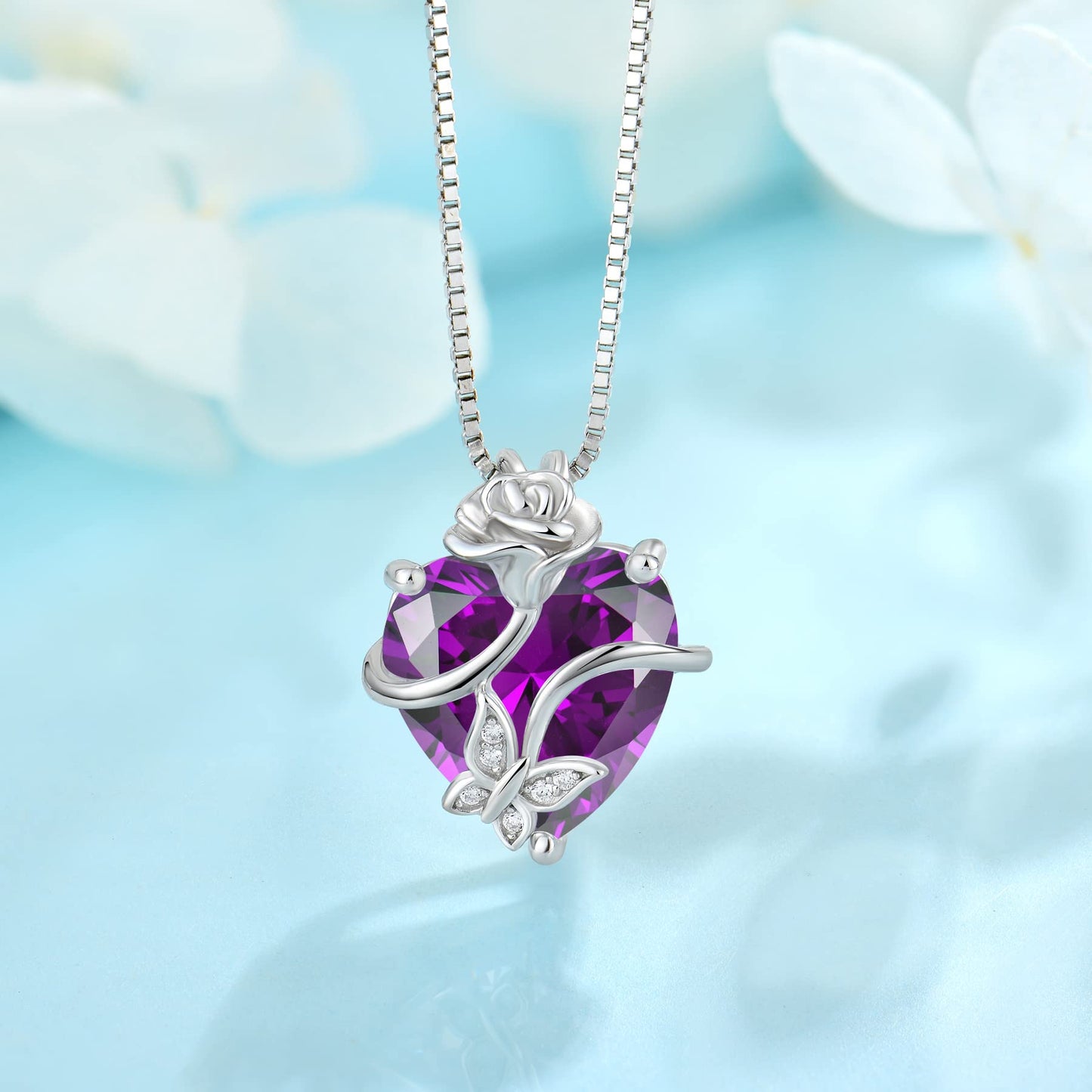 FJ Herz Geburtsstein Kette Damen 925 Sterling Silber Schmetterling Kette Anhänger mit Rose Blume Schmuck Geschenke für Frauen Mutter Freundin Mama