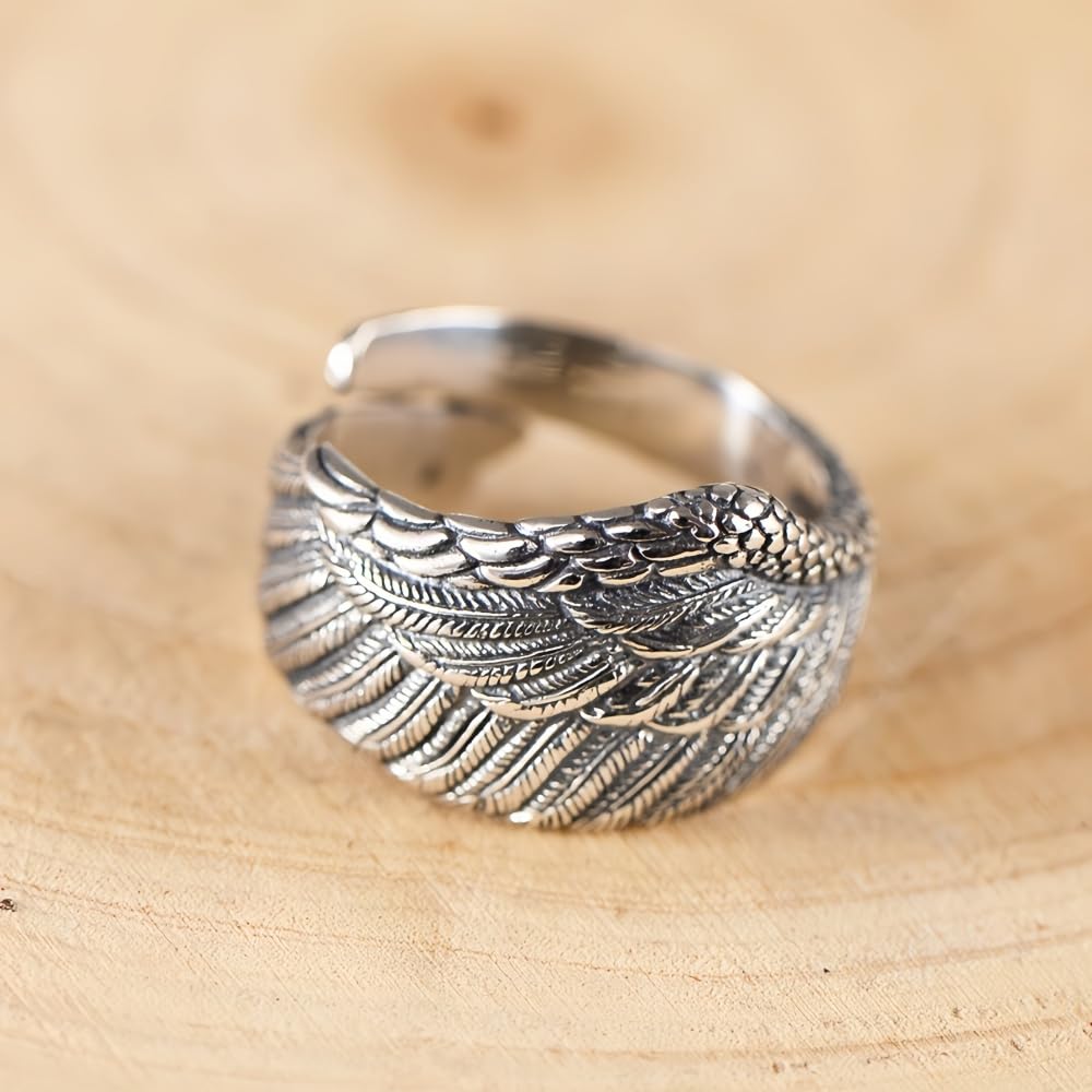 ELB Bike Vintage Schwarz 925 Sterling Silber Flügel Feder Ring Engelsflügel Schmuck für Herren Damen Offen und Verstellbar