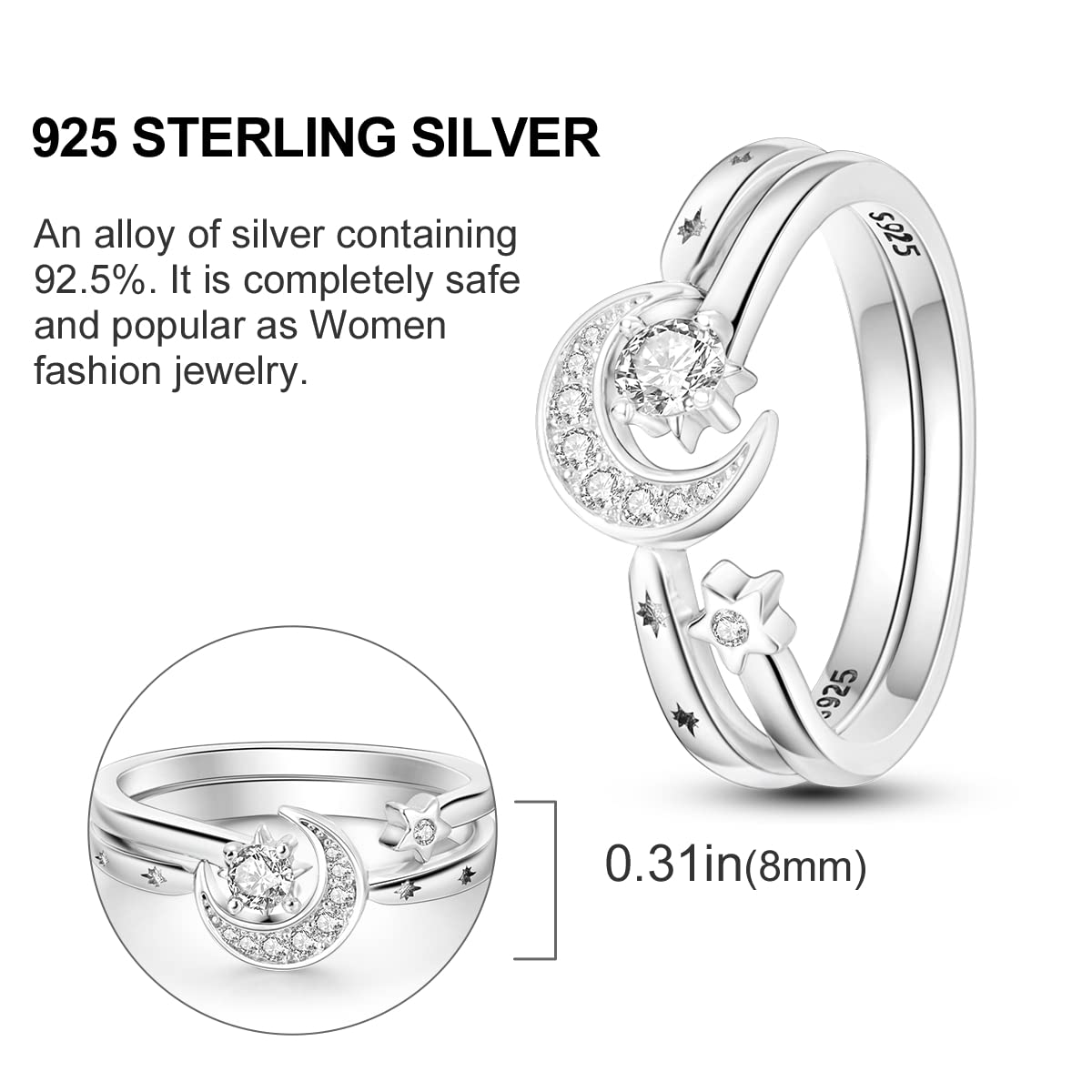 NARMO 925 Sterling Silber Frauen Ringe Mond Stern Ring Evil Eye Ring Bunte Cubic Zirkonia Ring Stapelbare Vintage Ringe Statement Ringe für Frauen Größe 52-60mm