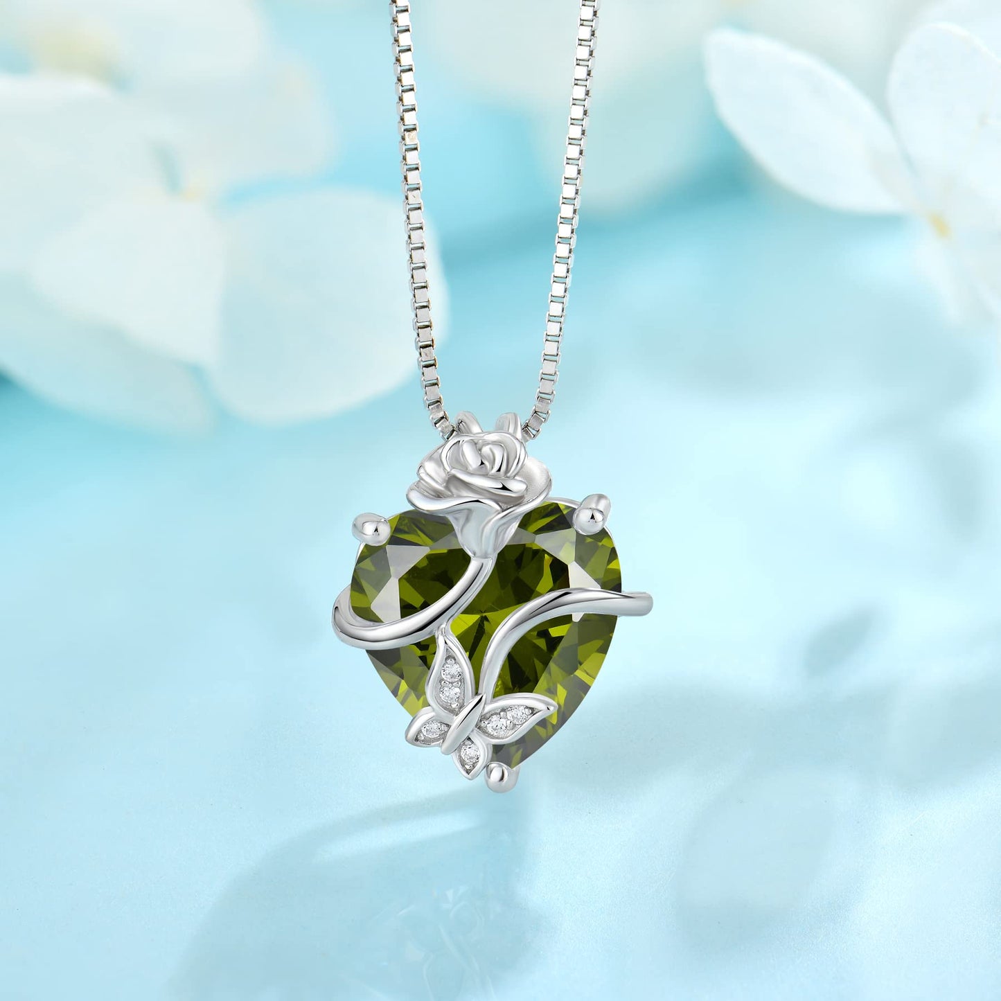 FJ Herz Geburtsstein Kette Damen 925 Sterling Silber Schmetterling Kette Anhänger mit Rose Blume Schmuck Geschenke für Frauen Mutter Freundin Mama