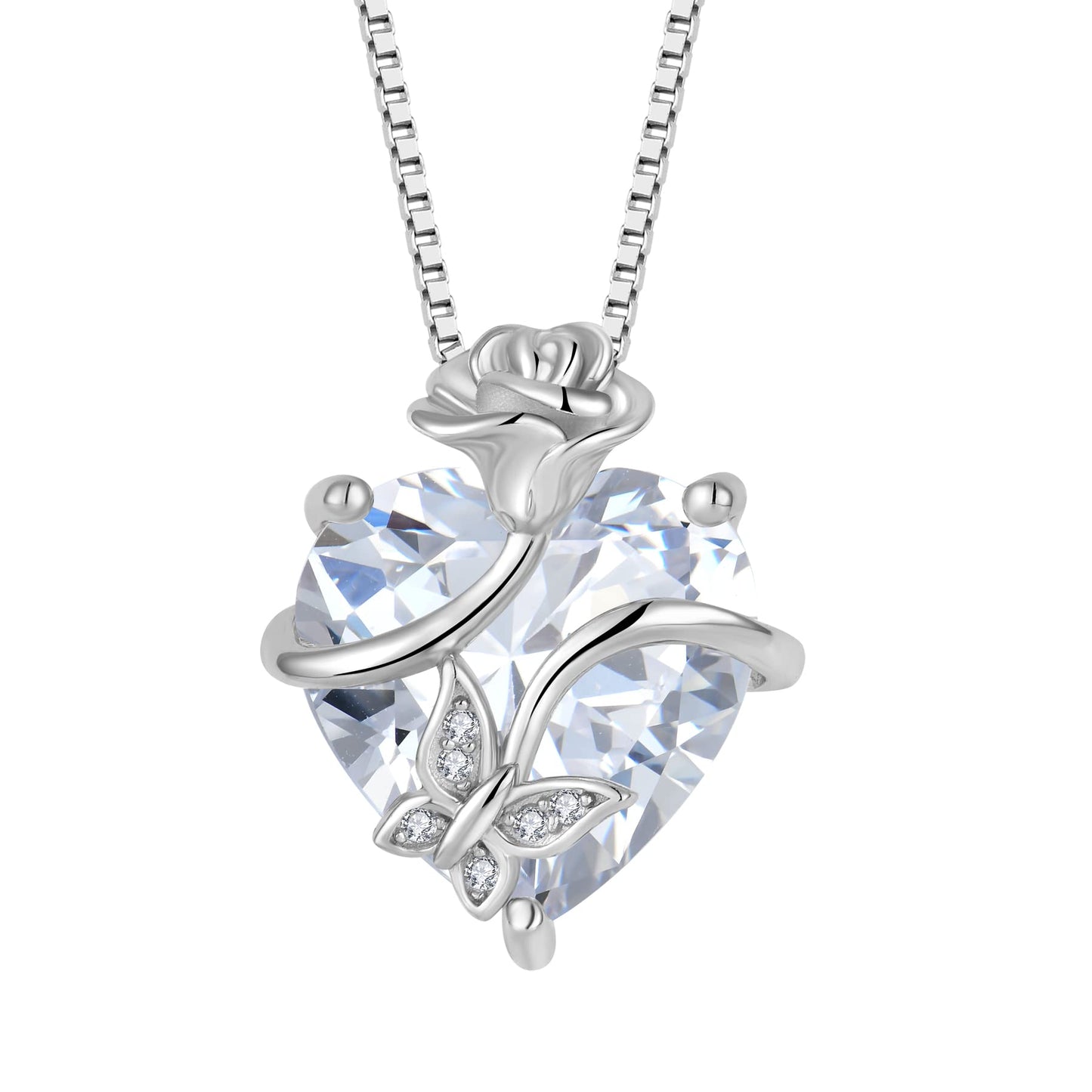 FJ Herz Geburtsstein Kette Damen 925 Sterling Silber Schmetterling Kette Anhänger mit Rose Blume Schmuck Geschenke für Frauen Mutter Freundin Mama