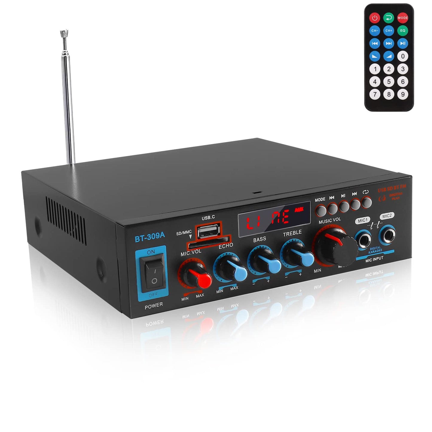 Etlephe Mini Verstärker,HIFI Verstärker,Bluetooth 5.0-Stereo Audio,12 V 220 V 600 W, 2 Kanäle, LCD-Display, High Fidelity, tragbares UKW-Radio, SD/USB-Karteneingang, für Zuhause oder Auto
