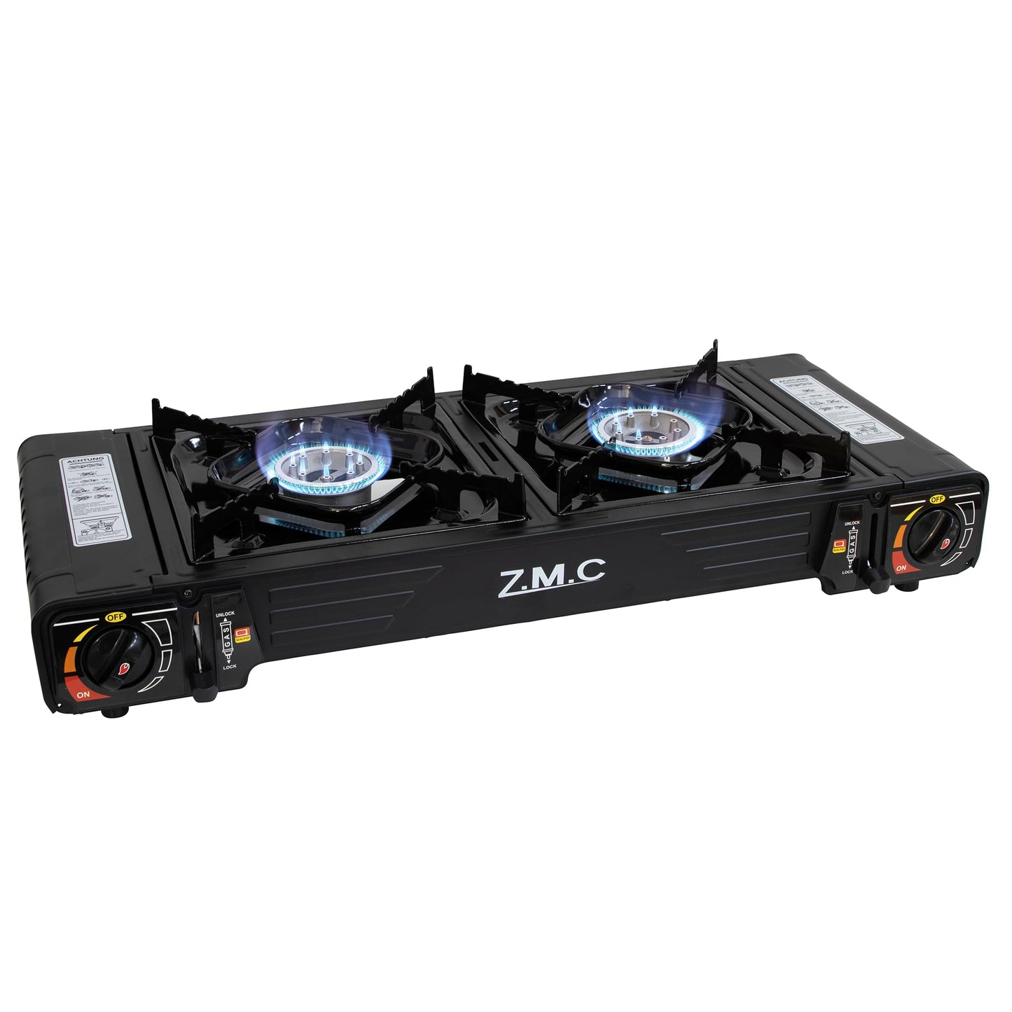 Z.M.C PREMIUM Camping Gaskocher 2-flammig + Grillplatte 45x24 cm + 8 Gaskartuschen 227g, Campingkocher mit Zündsicherung für Outdoor und Innenraum, Balkon Doppelgaskocher mit Piezozündung