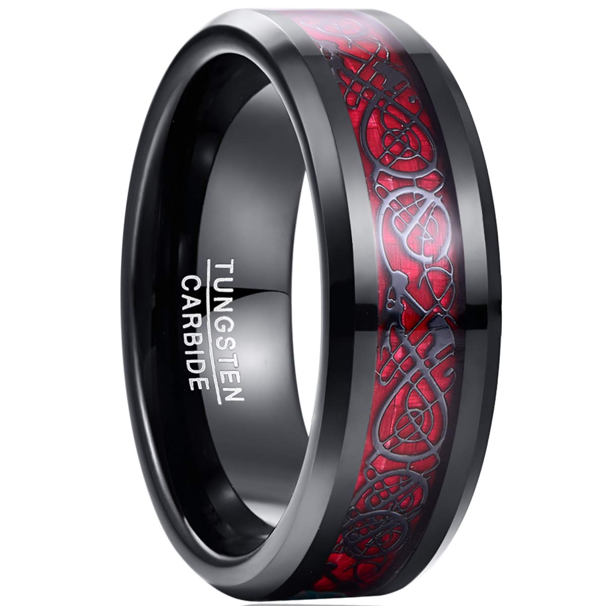 NUNCAD Schwarz Ring Wolfram Partner Ring Herren Damen 8mm Keltische Drachen Ring mit Kohlefasern Blau/Grün/Rot/Rosegold Größe 49.3-72(15.7-22.9)