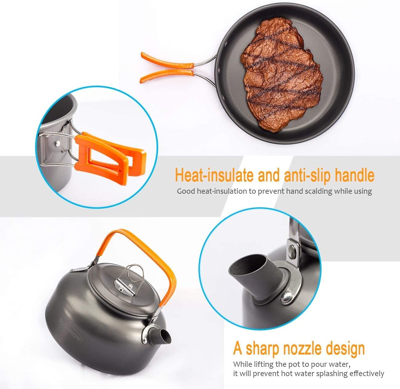 OVERMONT Camping Kochgeschirr Set Outdoor Geschirr Set Kochtopf Set Grillgeschirr Picknick Topf mit Kaffeekanne Teekanne Aluminium