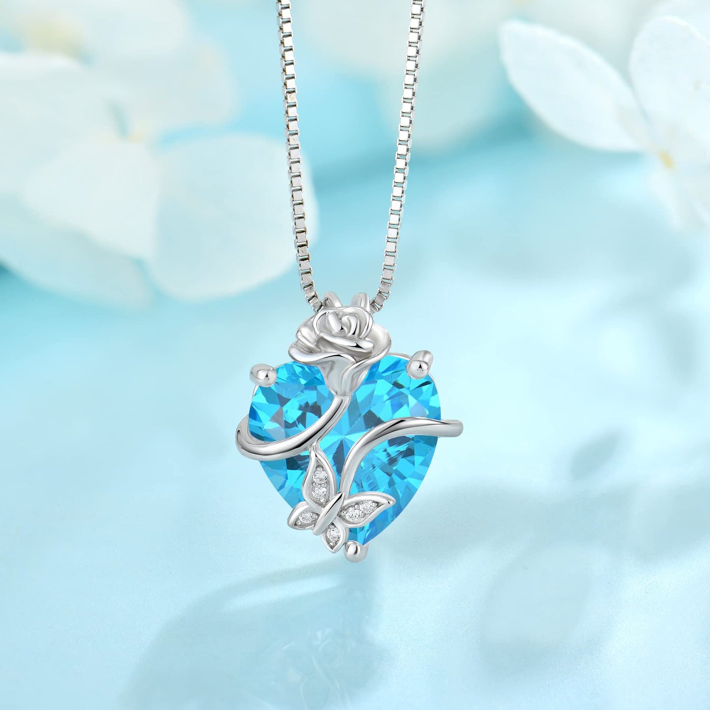 FJ Herz Geburtsstein Kette Damen 925 Sterling Silber Schmetterling Kette Anhänger mit Rose Blume Schmuck Geschenke für Frauen Mutter Freundin Mama