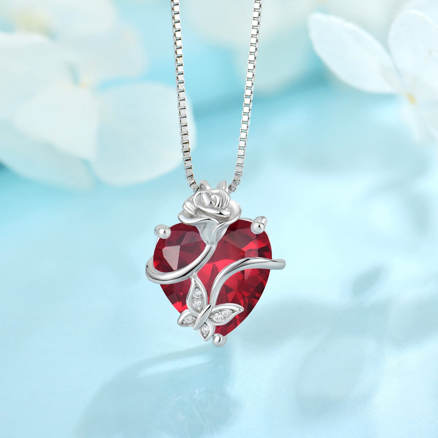 FJ Herz Geburtsstein Kette Damen 925 Sterling Silber Schmetterling Kette Anhänger mit Rose Blume Schmuck Geschenke für Frauen Mutter Freundin Mama
