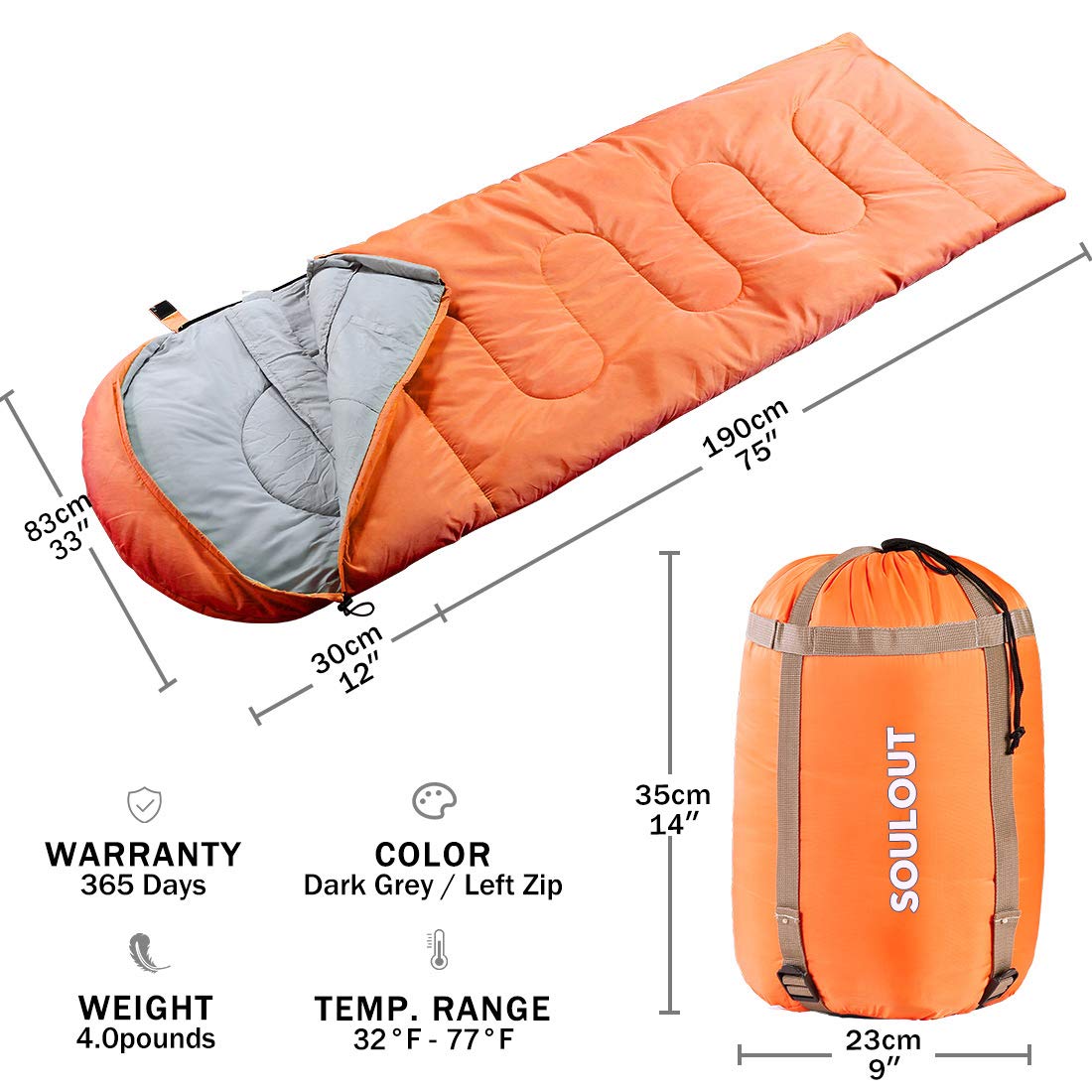 SOULOUT Schlafsack 3-4 Jahreszeiten - Wasserdichter Leichter Deckenschlafsack für Camping, Reisen und Outdoor-Aktivitäten -Ideal für Erwachsene und Kinder - 220 x 83 cm