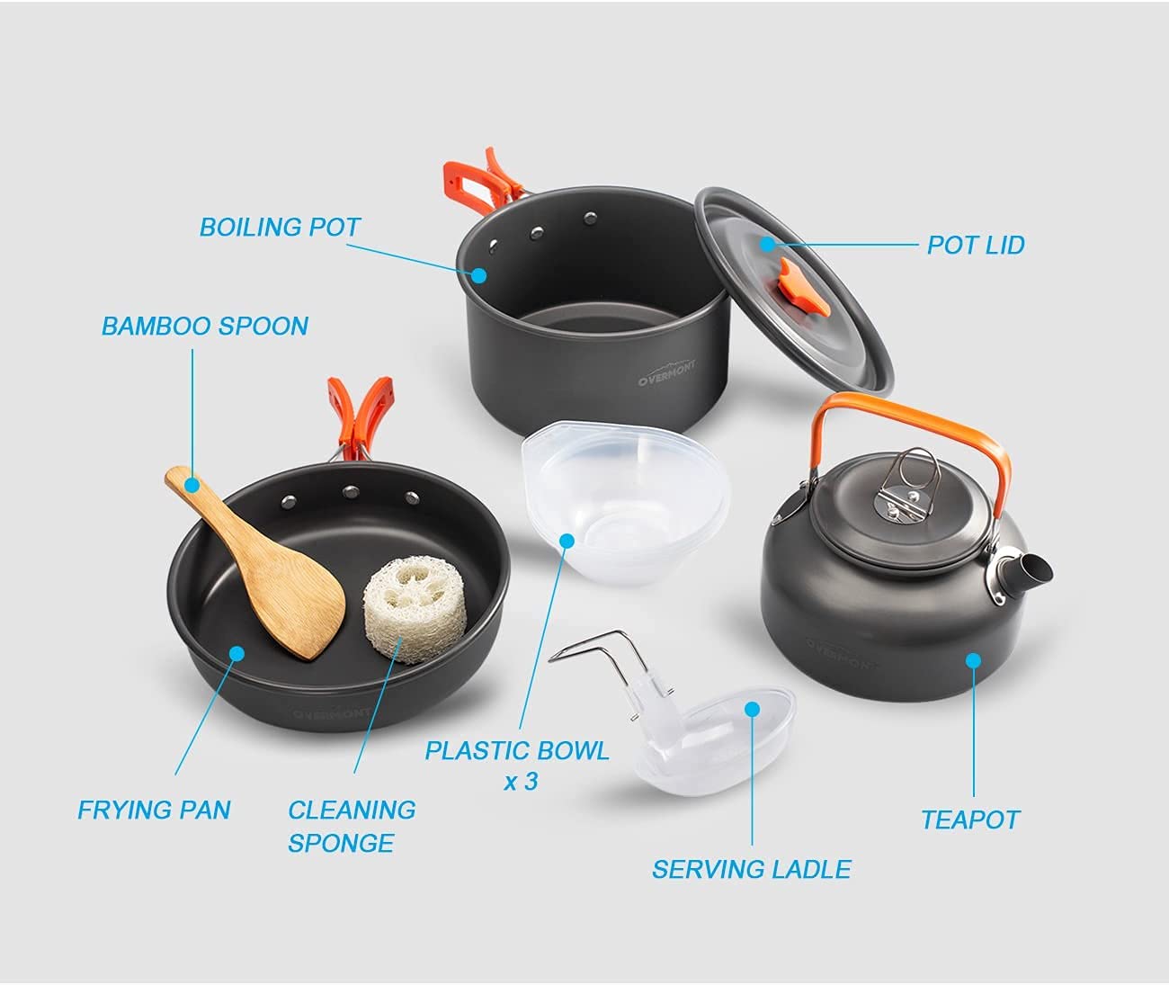 OVERMONT Camping Kochgeschirr Set Outdoor Geschirr Set Kochtopf Set Grillgeschirr Picknick Topf mit Kaffeekanne Teekanne Aluminium
