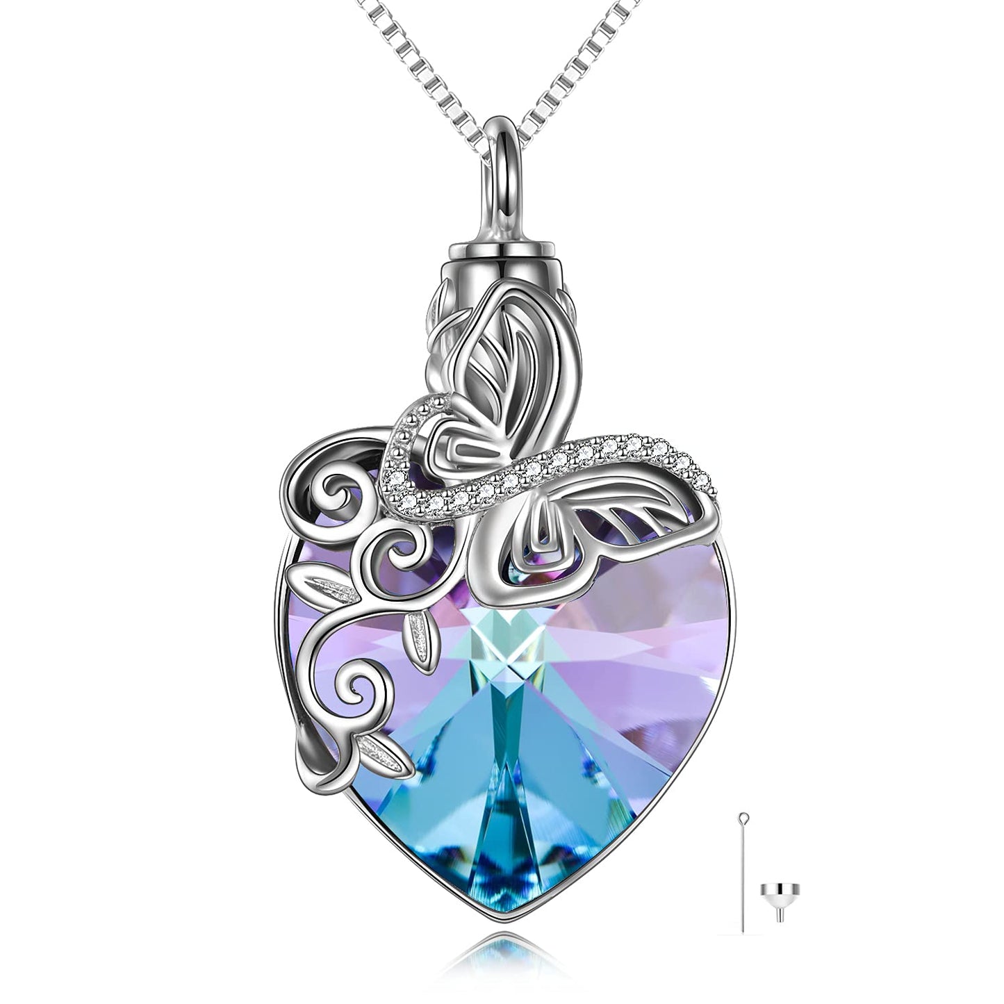 Ederseensucht-TOUPOP Urnenkette für Ashes 925 Sterling Silber Baum des Lebens/Schmetterling Ascheschmuck Asche Urne Anhänger Cremation Halskette mit Herz Kristall Memory Schmuck für Damen Herren