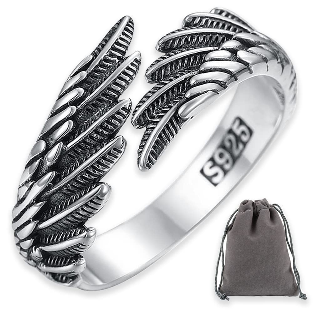 Ring Verstellbar 925 Silber Feder Ring Frauen Offene Ring Unisex Vintage Angel Ring Engels Flügel Ring für Damen Frauen Schmuck Geschenk personalisiert Verlobungsringe Eheringe mit Geschenkbox