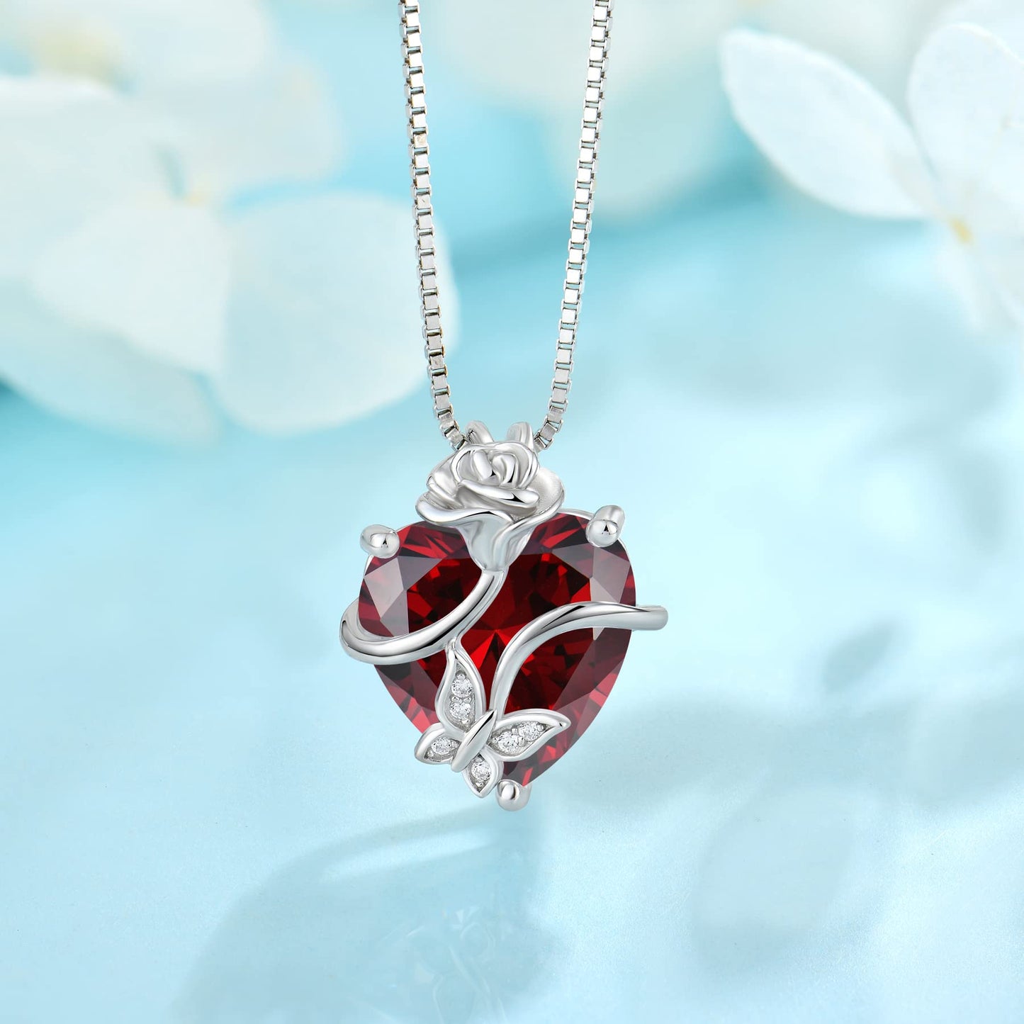 FJ Herz Geburtsstein Kette Damen 925 Sterling Silber Schmetterling Kette Anhänger mit Rose Blume Schmuck Geschenke für Frauen Mutter Freundin Mama