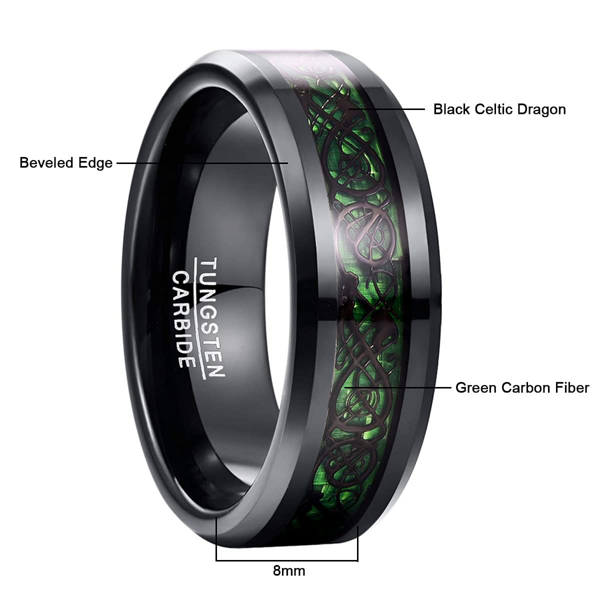 NUNCAD Schwarz Ring Wolfram Partner Ring Herren Damen 8mm Keltische Drachen Ring mit Kohlefasern Blau/Grün/Rot/Rosegold Größe 49.3-72(15.7-22.9)