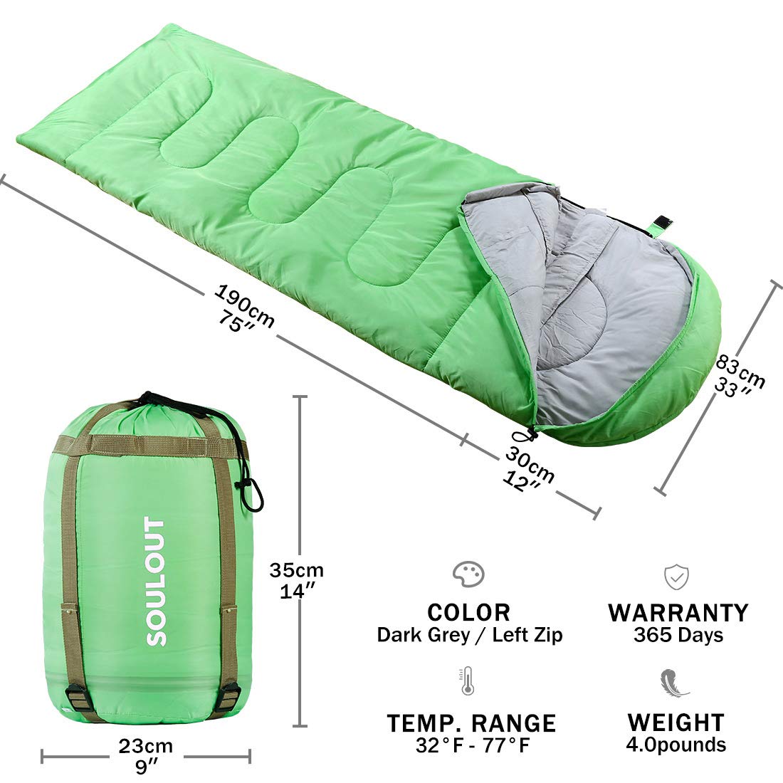 SOULOUT Schlafsack 3-4 Jahreszeiten - Wasserdichter Leichter Deckenschlafsack für Camping, Reisen und Outdoor-Aktivitäten -Ideal für Erwachsene und Kinder - 220 x 83 cm