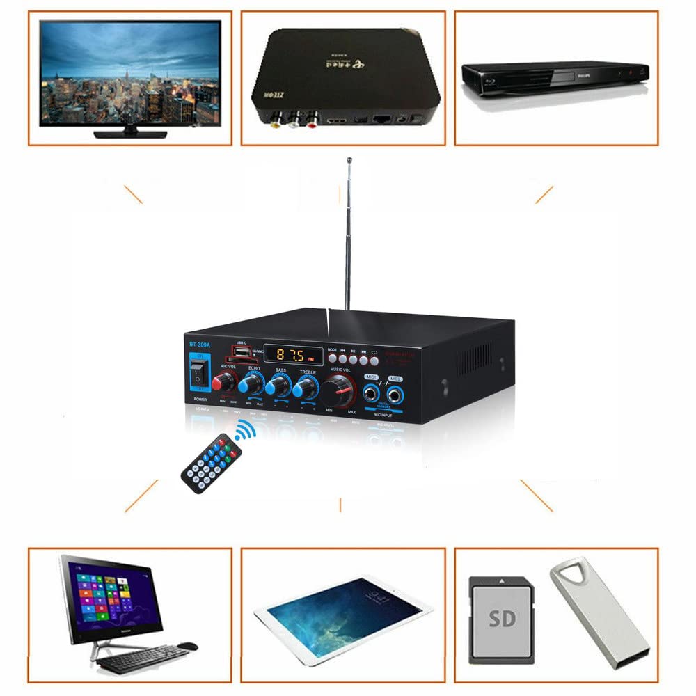 Etlephe Mini Verstärker,HIFI Verstärker,Bluetooth 5.0-Stereo Audio,12 V 220 V 600 W, 2 Kanäle, LCD-Display, High Fidelity, tragbares UKW-Radio, SD/USB-Karteneingang, für Zuhause oder Auto