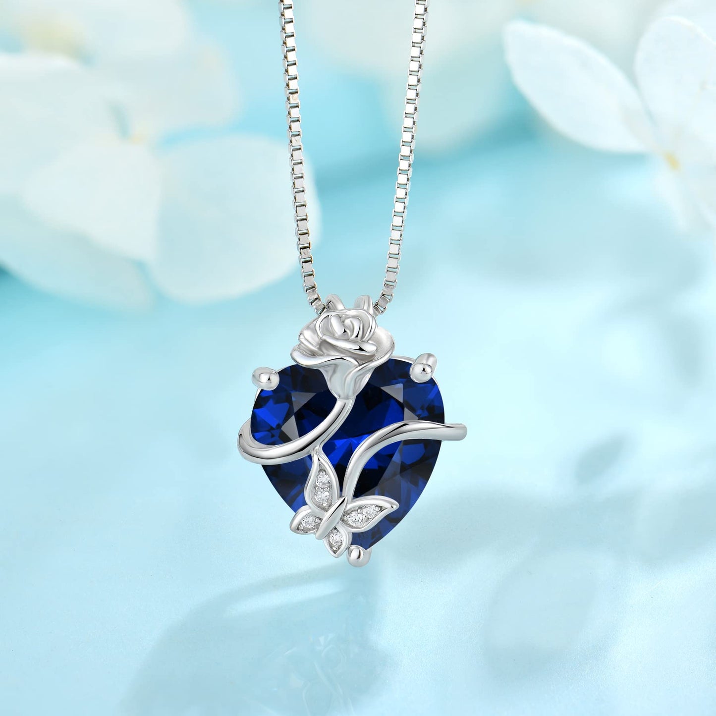 FJ Herz Geburtsstein Kette Damen 925 Sterling Silber Schmetterling Kette Anhänger mit Rose Blume Schmuck Geschenke für Frauen Mutter Freundin Mama