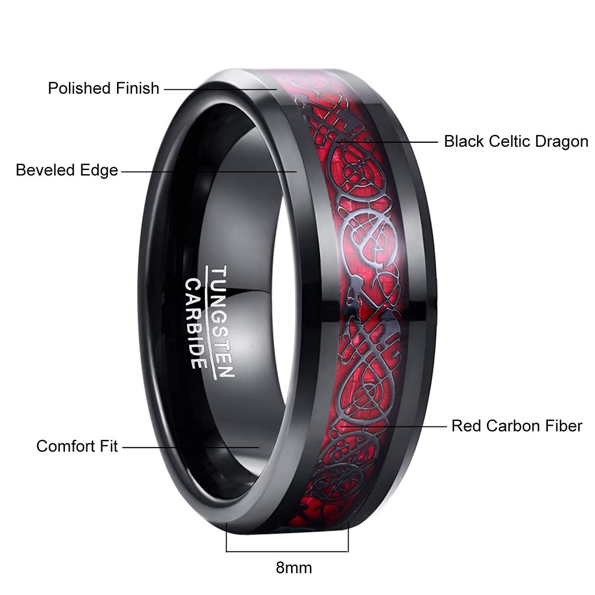 NUNCAD Schwarz Ring Wolfram Partner Ring Herren Damen 8mm Keltische Drachen Ring mit Kohlefasern Blau/Grün/Rot/Rosegold Größe 49.3-72(15.7-22.9)