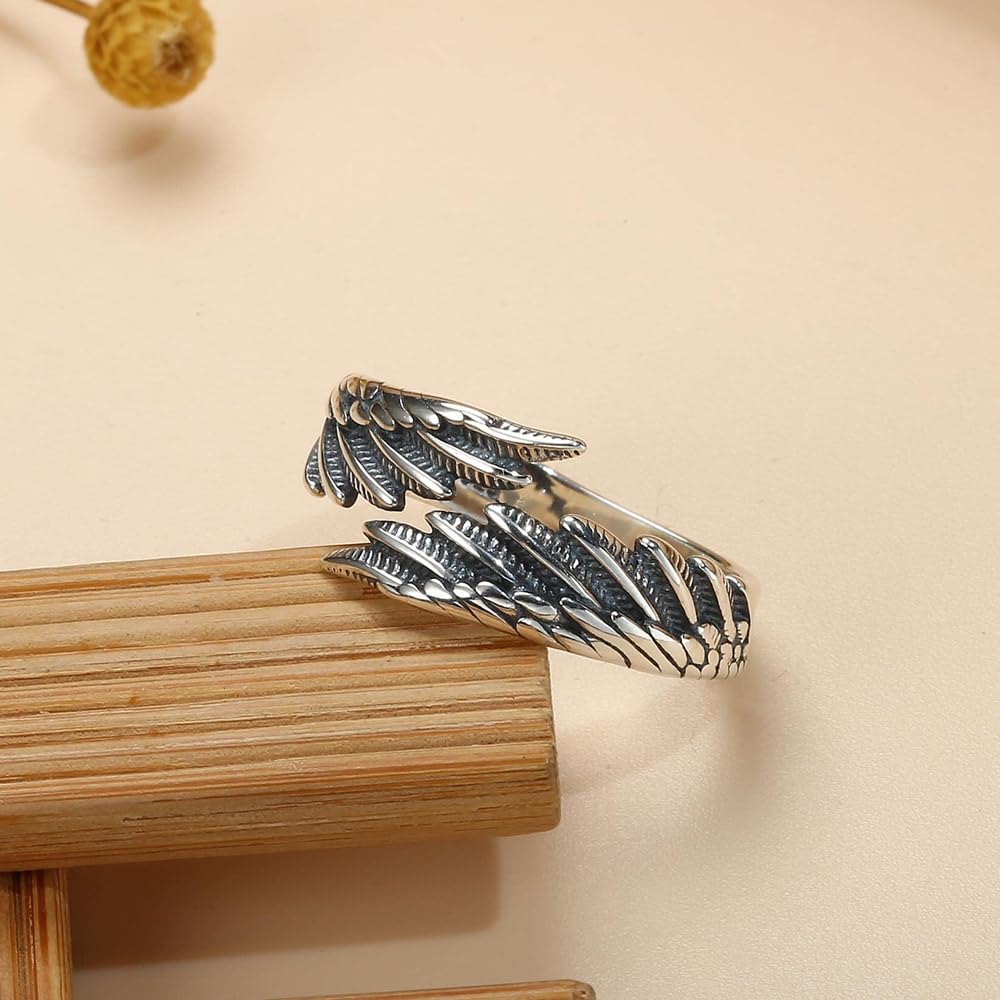 Ring Verstellbar 925 Silber Feder Ring Frauen Offene Ring Unisex Vintage Angel Ring Engels Flügel Ring für Damen Frauen Schmuck Geschenk personalisiert Verlobungsringe Eheringe mit Geschenkbox
