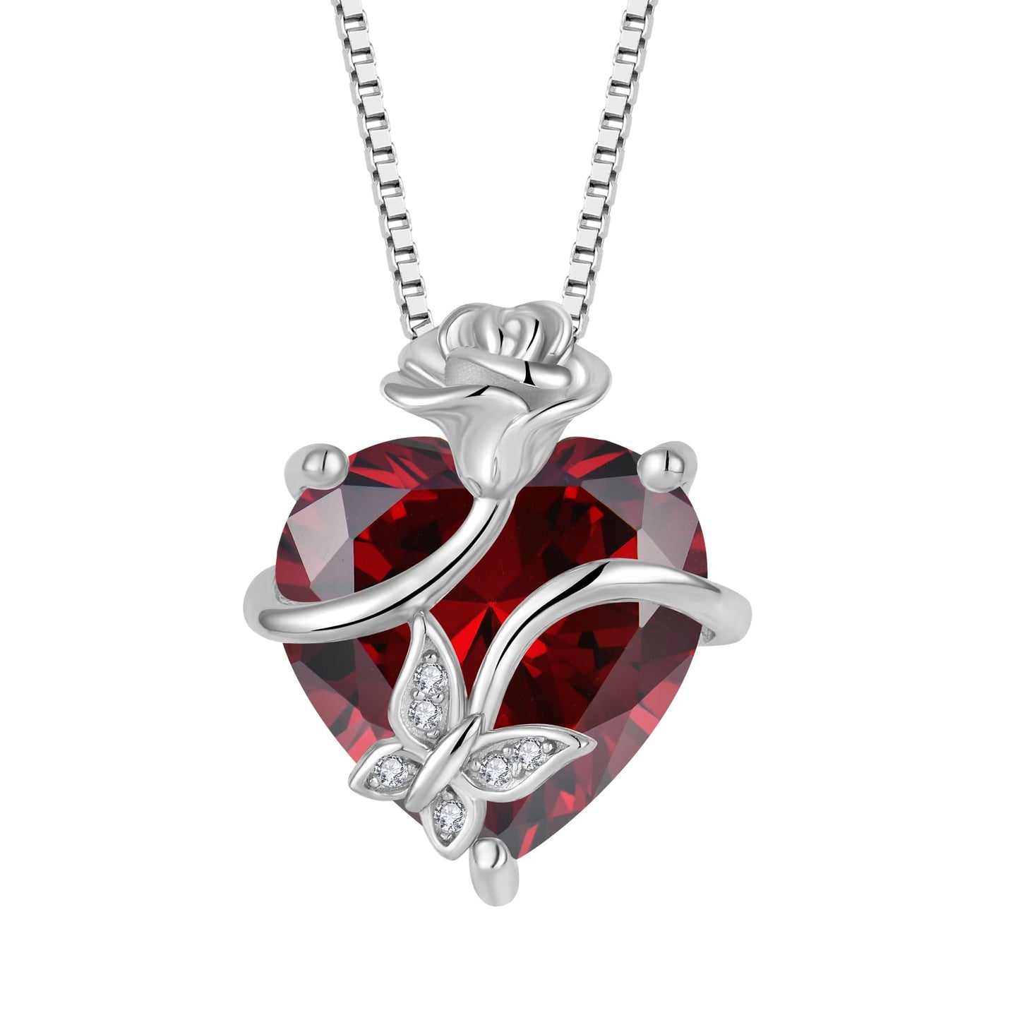 FJ Herz Geburtsstein Kette Damen 925 Sterling Silber Schmetterling Kette Anhänger mit Rose Blume Schmuck Geschenke für Frauen Mutter Freundin Mama
