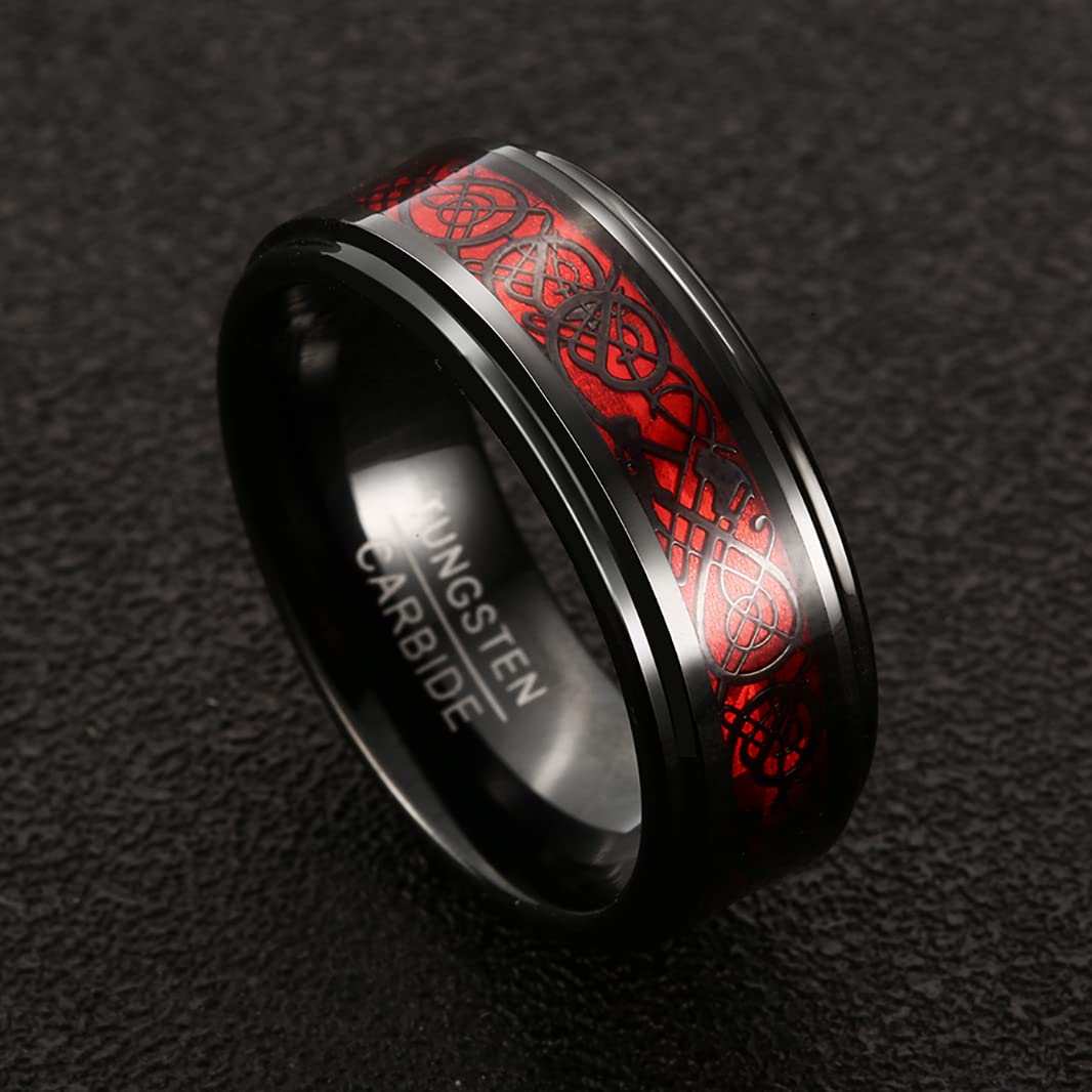 NUNCAD Schwarz Ring Wolfram Partner Ring Herren Damen 8mm Keltische Drachen Ring mit Kohlefasern Blau/Grün/Rot/Rosegold Größe 49.3-72(15.7-22.9)