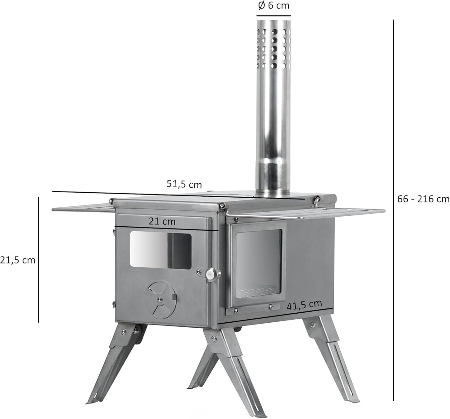 CampFeuer Edelstahl Zeltofen | 51,5 x 42 x 216 cm | silber | Tragbarer Holzofen für Camping, Outdoor, Zelt | Zeltheizung Camping, Zeltofen Holz, Tent Stove, Zelt Ofen Outdoor