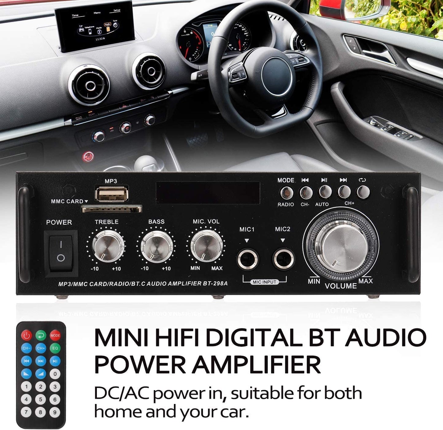 Etlephe Mini Verstärker,HIFI Verstärker,Bluetooth 5.0-Stereo Audio,12 V 220 V 600 W, 2 Kanäle, LCD-Display, High Fidelity, tragbares UKW-Radio, SD/USB-Karteneingang, für Zuhause oder Auto