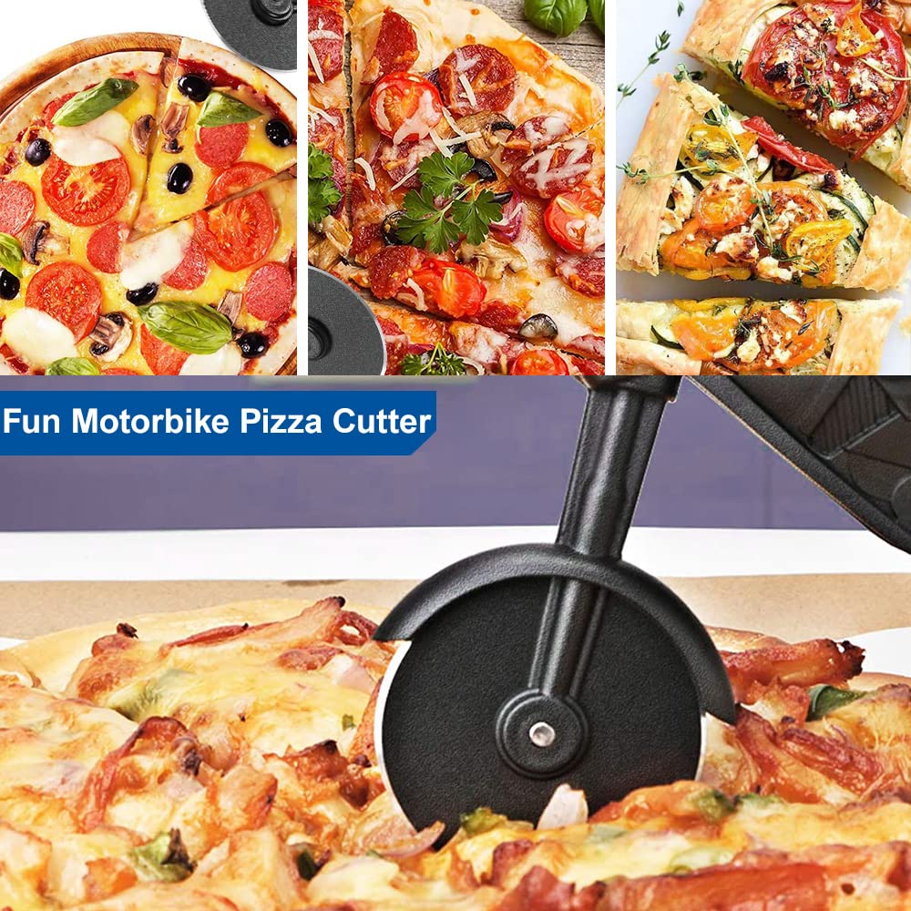 ELB Biker Motorrad Pizzaschneider, Lustige Pizza Schneider Edelstahl Kunststoff Pizzaroller Pizzarad Pizzamesser, Pizza Cutter mit Scharfem Schneiderad & Ständer für Weihnachten Kreativ Geschenke (Rot)