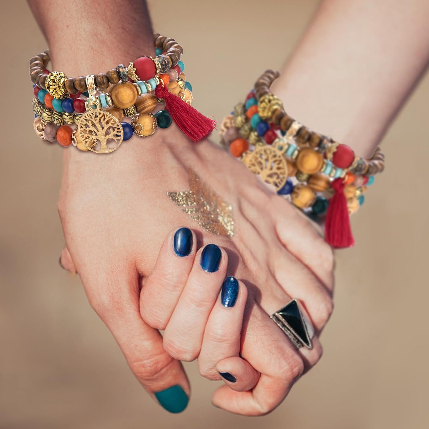 Sternstunde 4 Stück Boho Armbänder Damen, Chakra Armband für Frauen, Schmuck Boho Armreifen mit Holzperlen und Quaste, Chakra Armband, Lebensbaum-Charm, Liebe, Statement-Armreifen