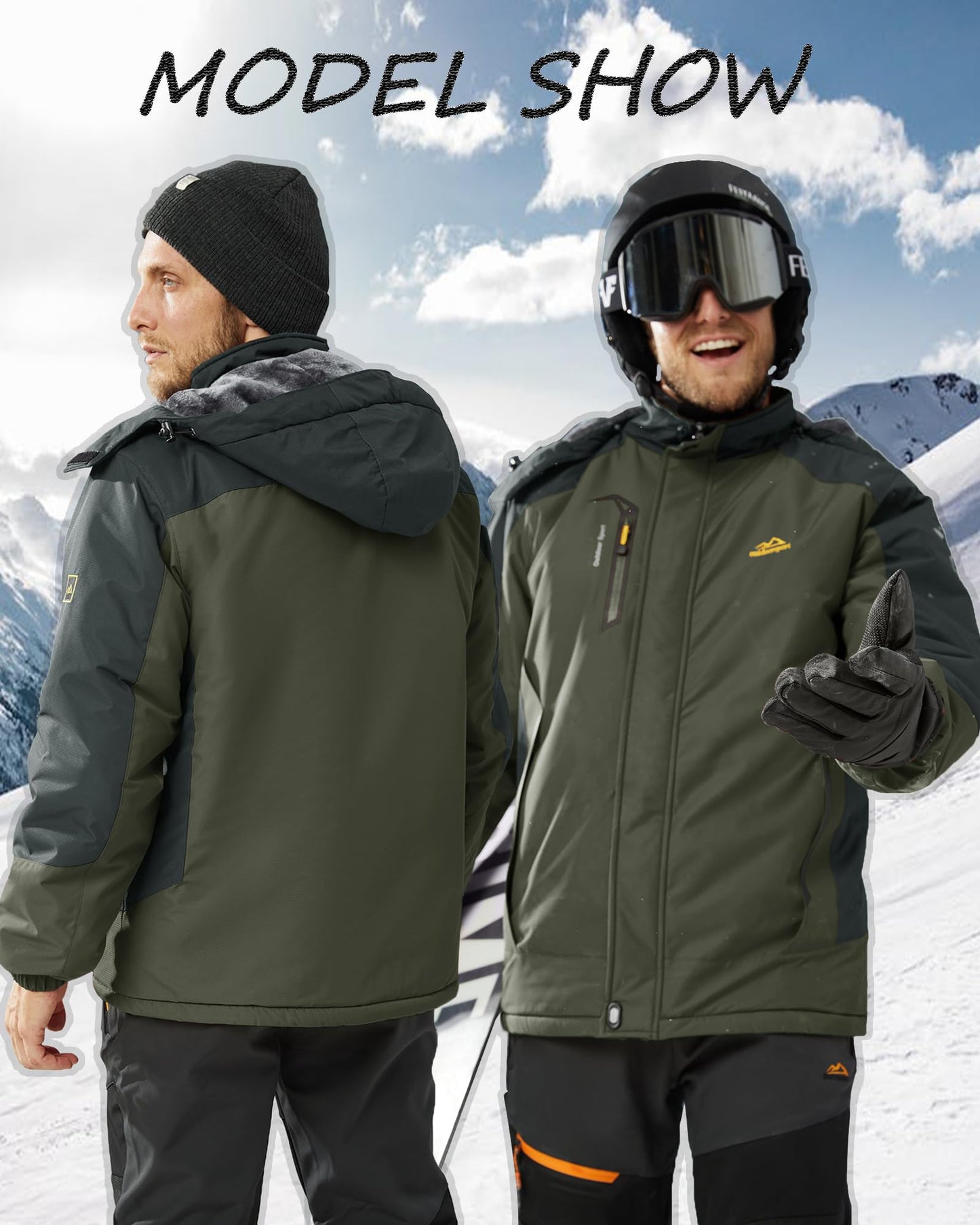 KEFITEVD Snowboardjacke Herren Warm Gefüttert Skijacke Wasserdicht Softshell Jacke mit Kapuze Fleece Winterjacke Atmungsaktiv Funktionsjacke