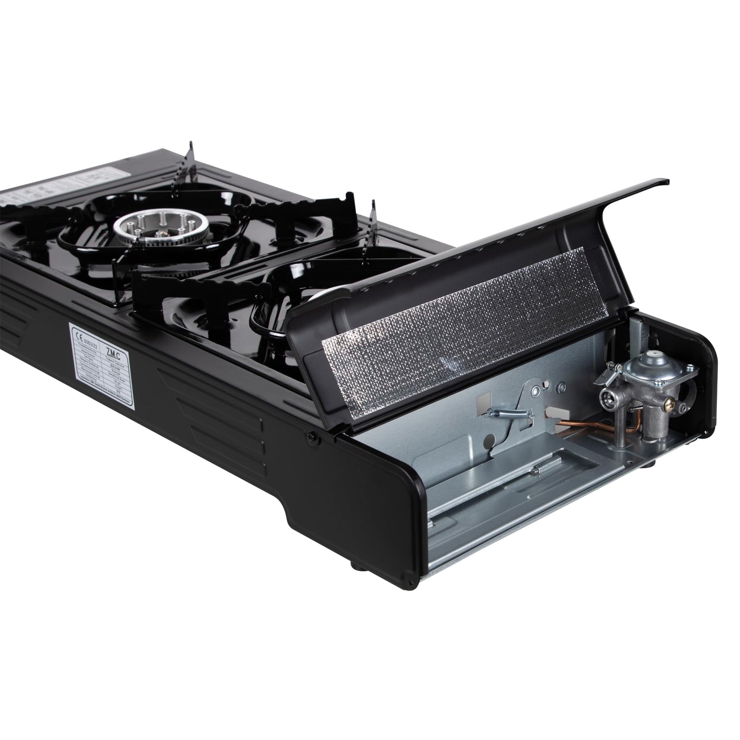 Z.M.C PREMIUM Camping Gaskocher 2-flammig + Grillplatte 45x24 cm + 8 Gaskartuschen 227g, Campingkocher mit Zündsicherung für Outdoor und Innenraum, Balkon Doppelgaskocher mit Piezozündung