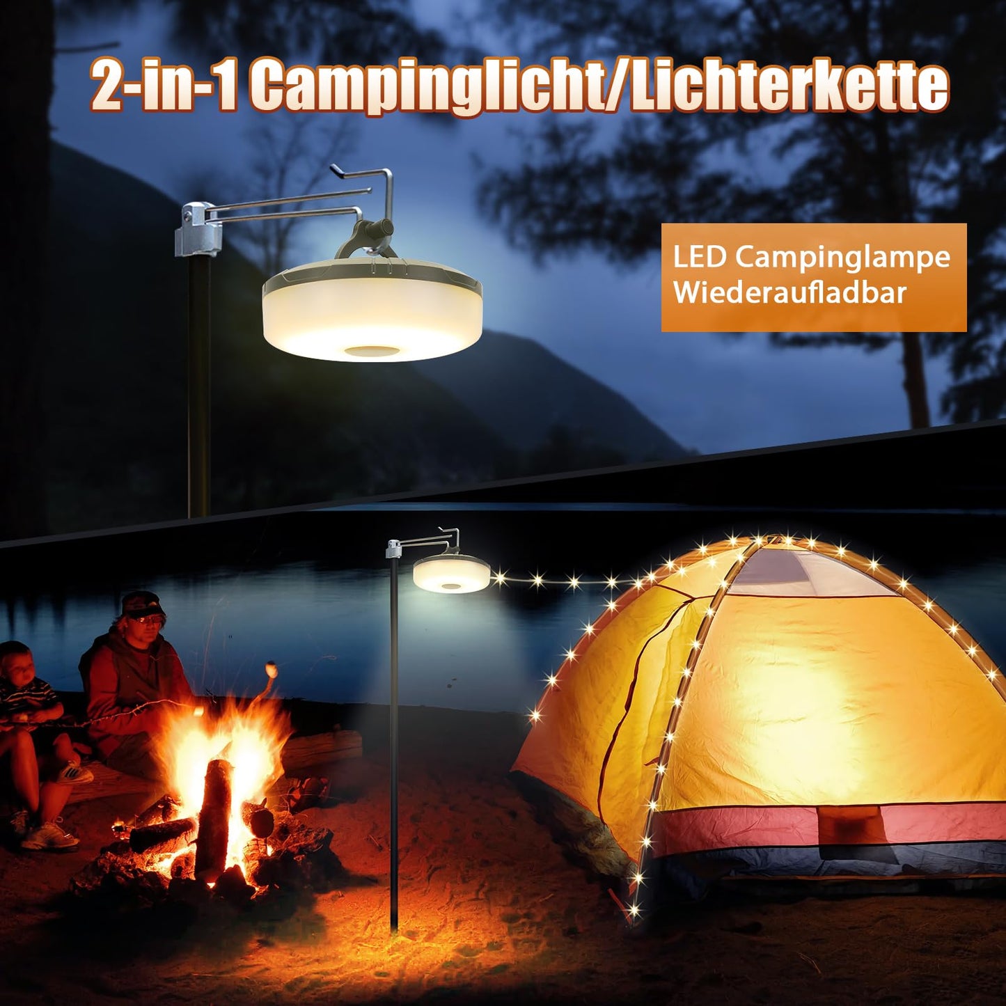 ELB GLAMPING Yizhet 10 m Camping Lichterkette Aufrollbar, Outdoor Lichterkette, Vielseitige LED Lichterkette – Langlebig und Wasserdicht, USB Aufladung – Gragbare Camping Lichter für Camping, Hof und Wandern