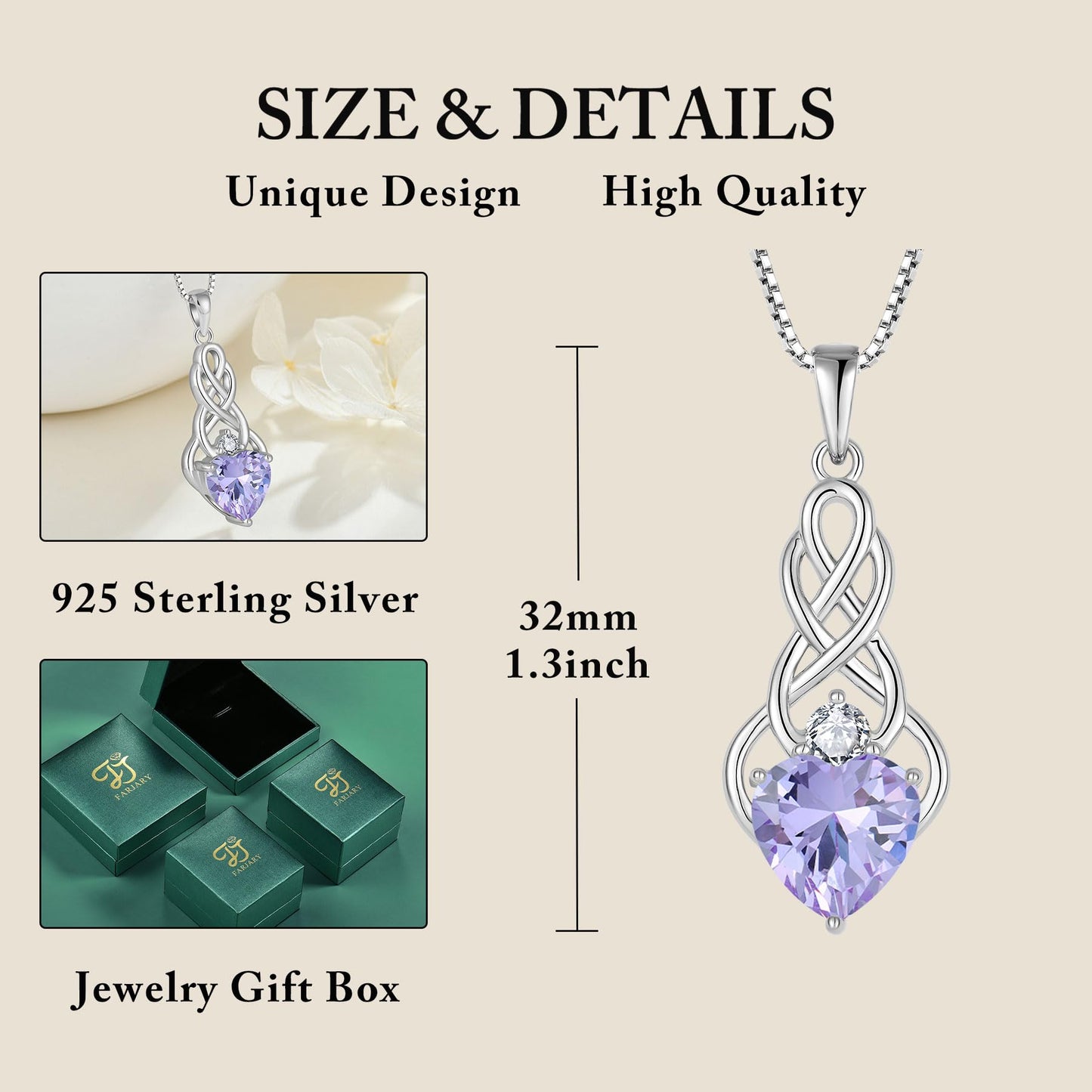 FJ Unendlichkeit Keltischer Knoten Kette Damen 925 Sterling Silber Geburtsstein Anhänger Irischer Glücksschmuck Geschenke für Frauen Mutter Freundin Mama