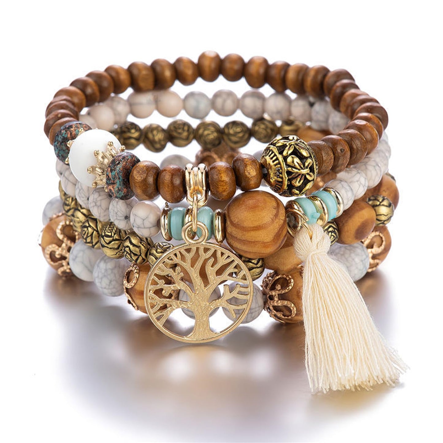 Sternstunde 4 Stück Boho Armbänder Damen, Chakra Armband für Frauen, Schmuck Boho Armreifen mit Holzperlen und Quaste, Chakra Armband, Lebensbaum-Charm, Liebe, Statement-Armreifen