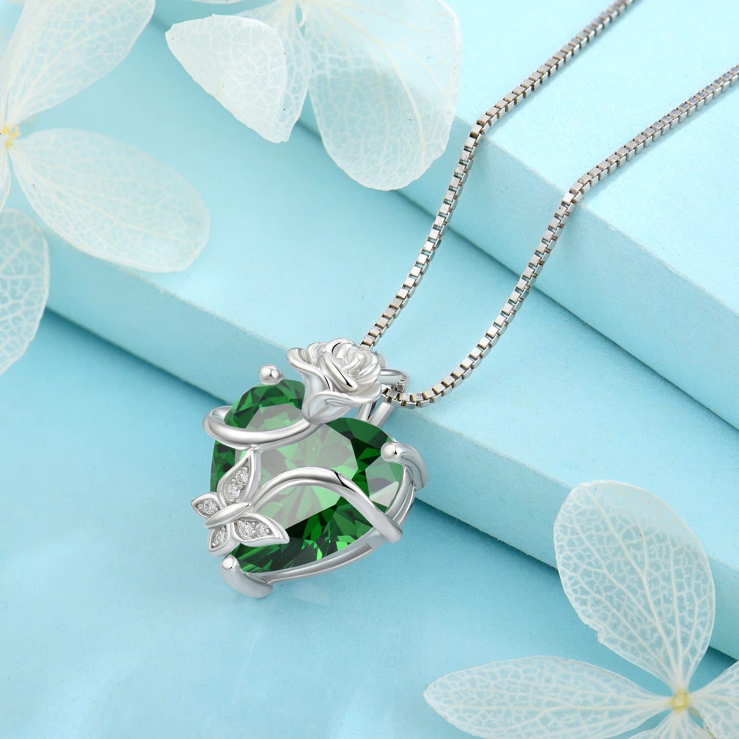FJ Herz Geburtsstein Kette Damen 925 Sterling Silber Schmetterling Kette Anhänger mit Rose Blume Schmuck Geschenke für Frauen Mutter Freundin Mama