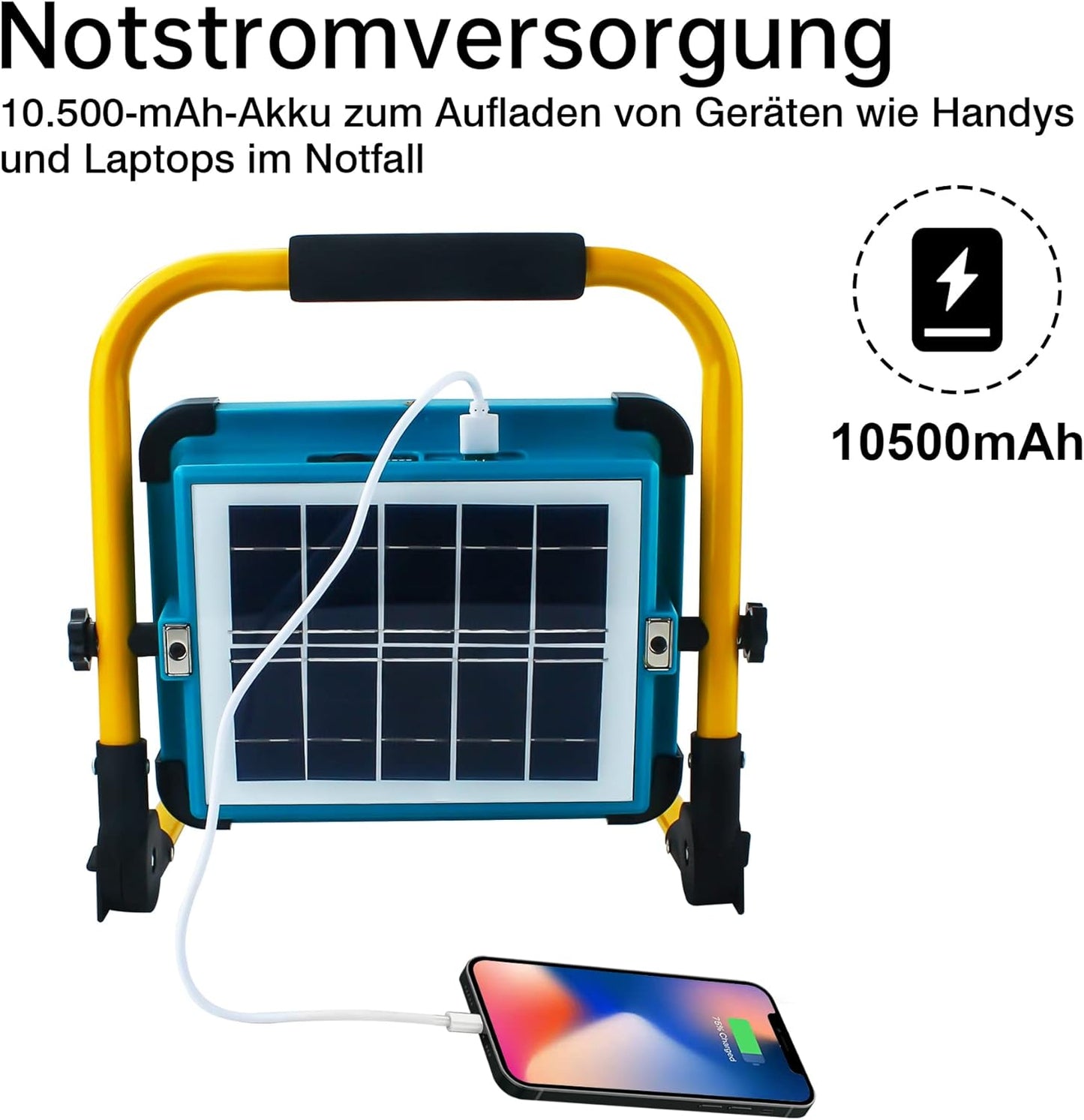 OUSIDE Baustrahler LED Akku mit Stativ, Tragbare LED Strahler Akku mit 10500mAh Batterie,Typ-C und Solarladung, 4 Lichtmodi - Ideal für Reparatur, Baustelle, Notfall
