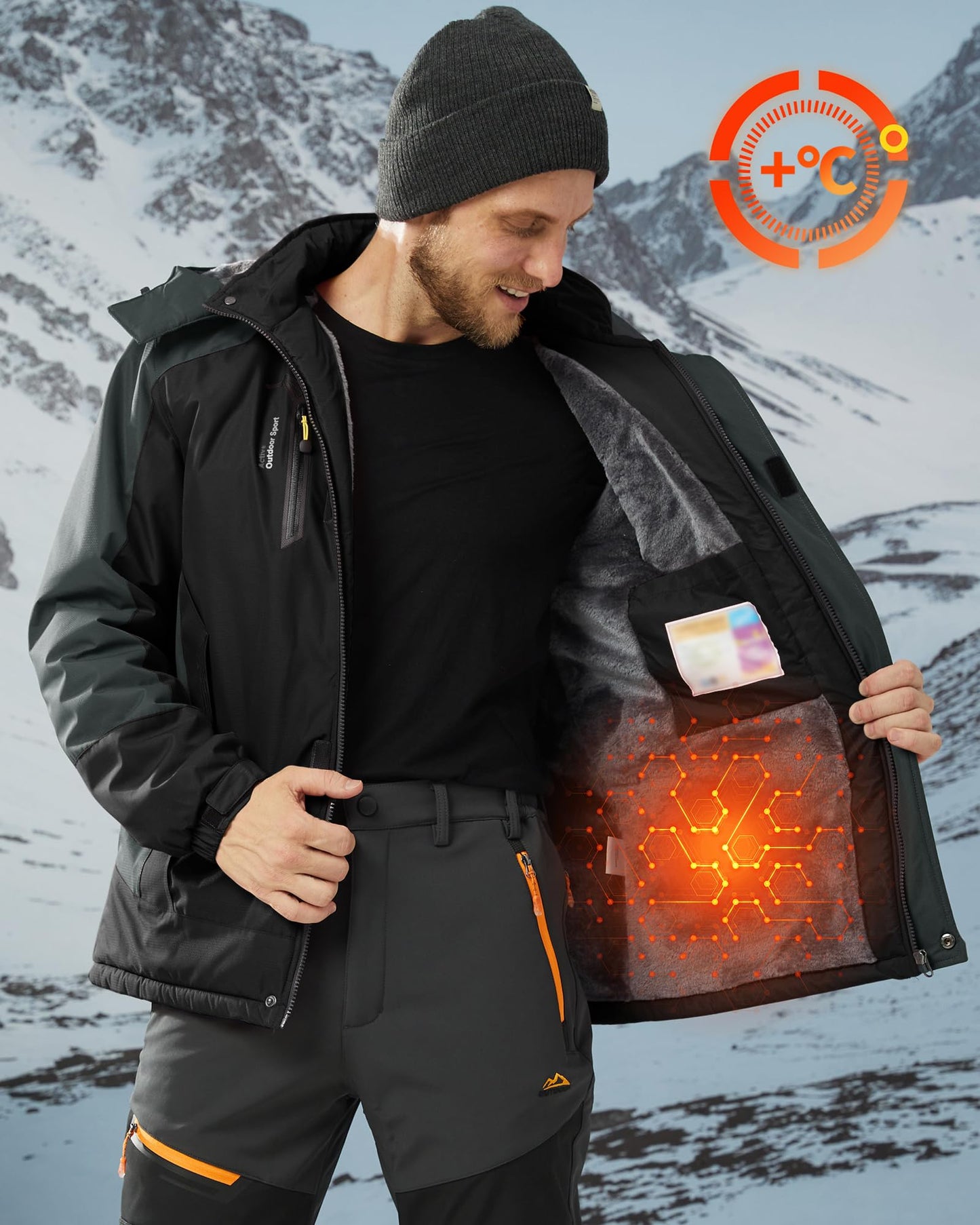 KEFITEVD Snowboardjacke Herren Warm Gefüttert Skijacke Wasserdicht Softshell Jacke mit Kapuze Fleece Winterjacke Atmungsaktiv Funktionsjacke